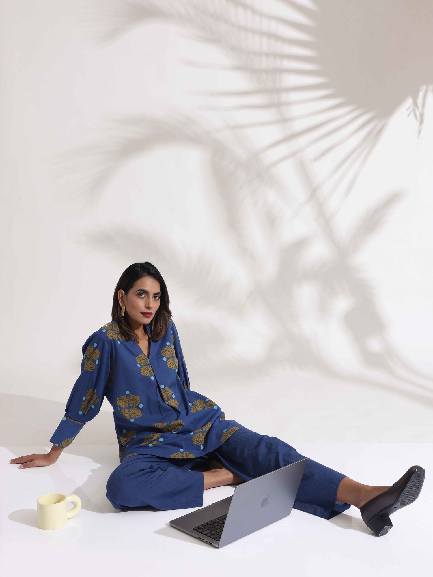 trueBrowns Blue Cotton Print Top & Pants Co-ord Set
