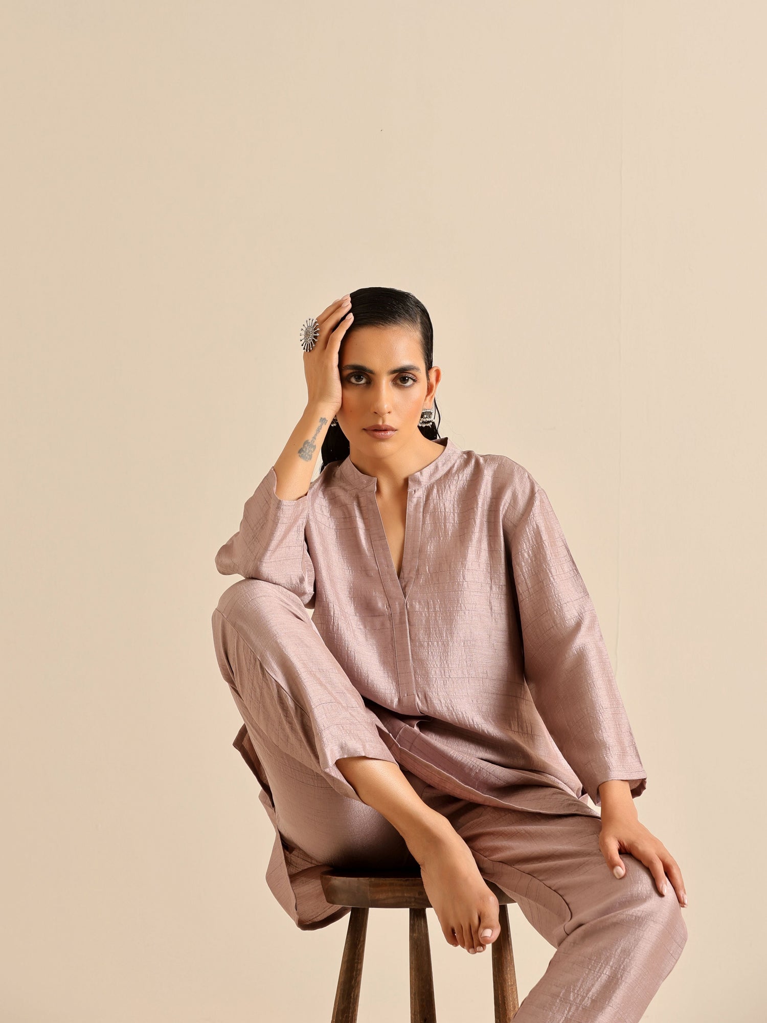 Grey Silk Texture Relaxed Co-Ord Set