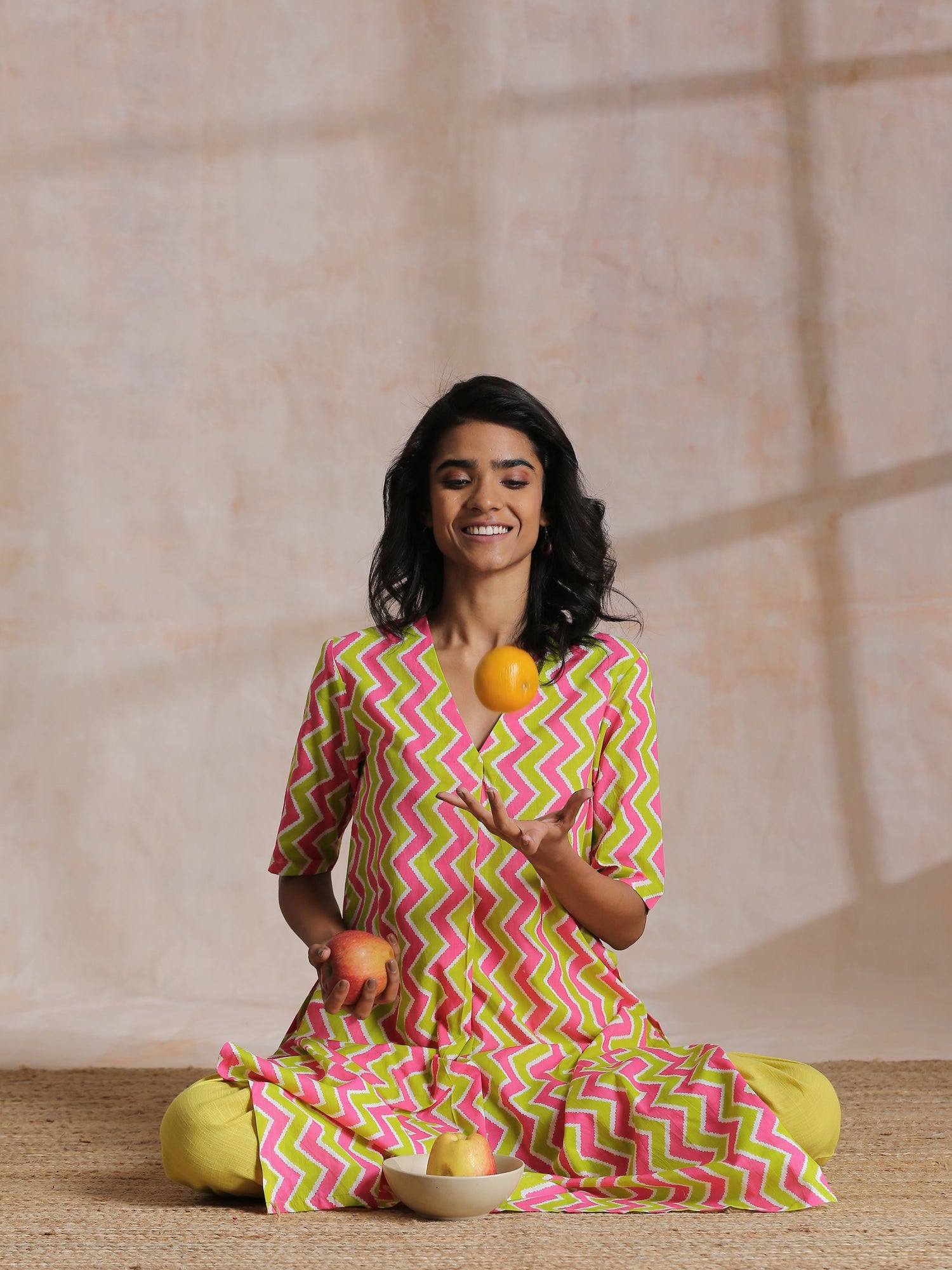 Lime Pink Zig-Zag Lines Print Cotton Kurta Pant Set
