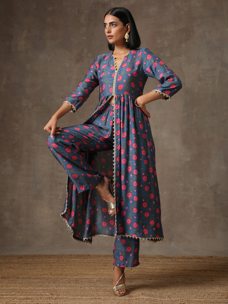 Blue Pink Printed Silk Kurta Pant Set | Relove