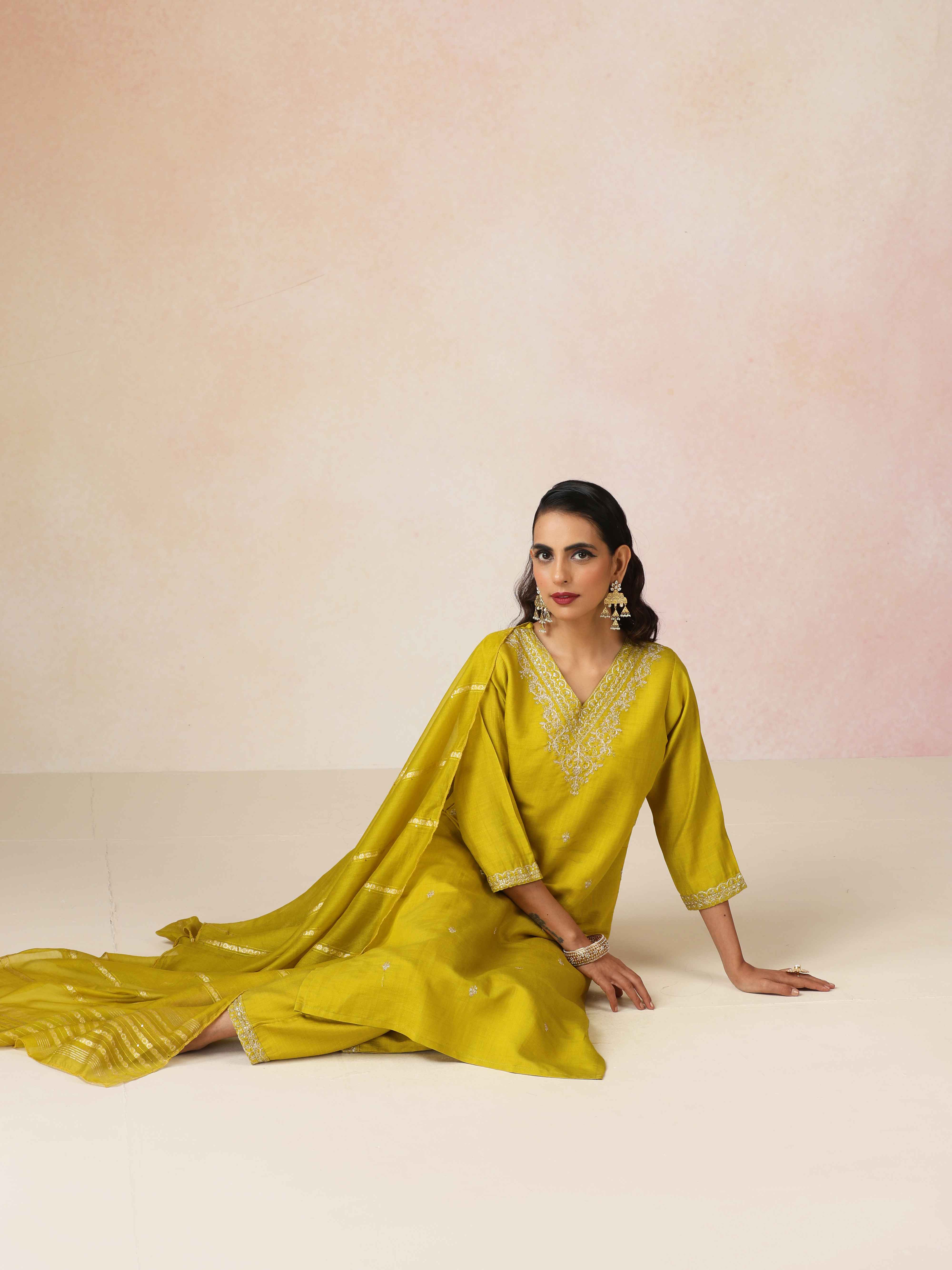 trueBrowns Lime All Over Embroidered Straight Kurta 3pc Set