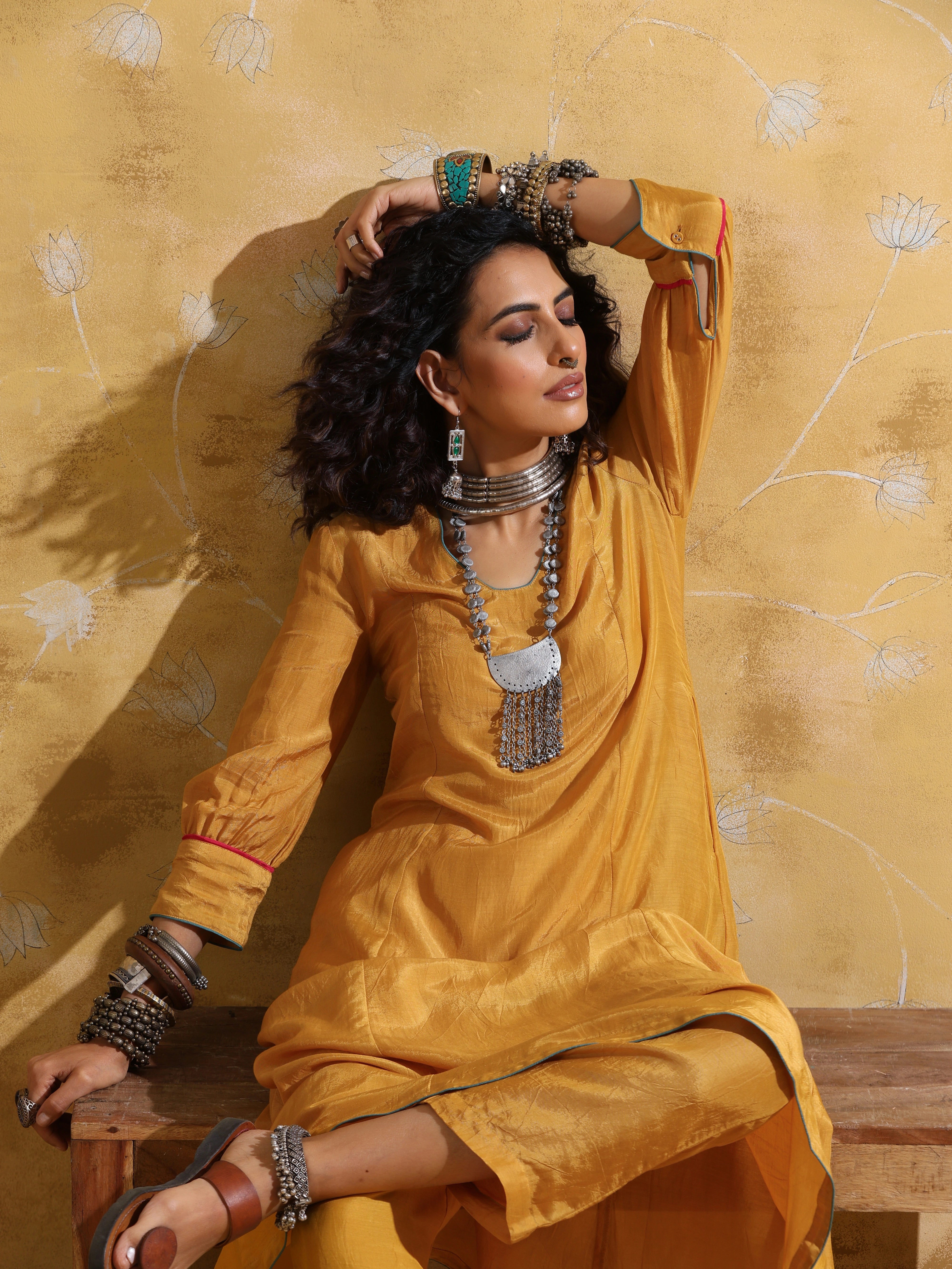 trueBrowns Mustard Muslin Silk A-line Kurta Pant Set