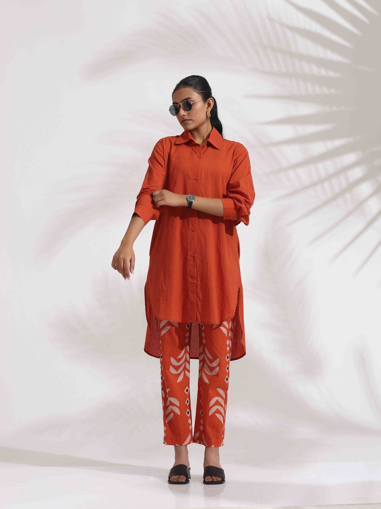 trueBrowns Orange Cotton Solid Shirt Kurta Co-ord Set