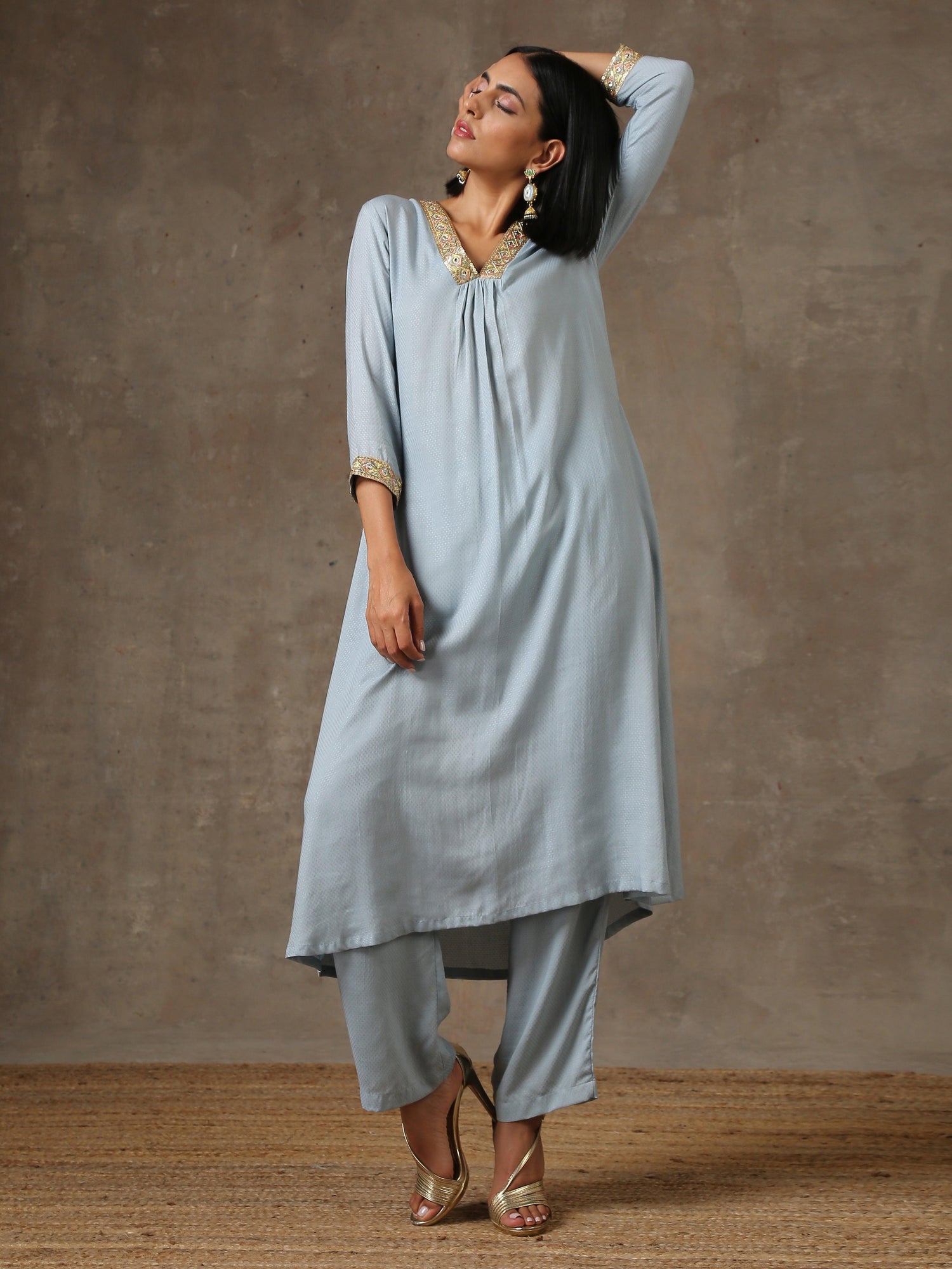 The Daphne - Light Blue Solid Textured Kurta Pant Set - trueBrowns