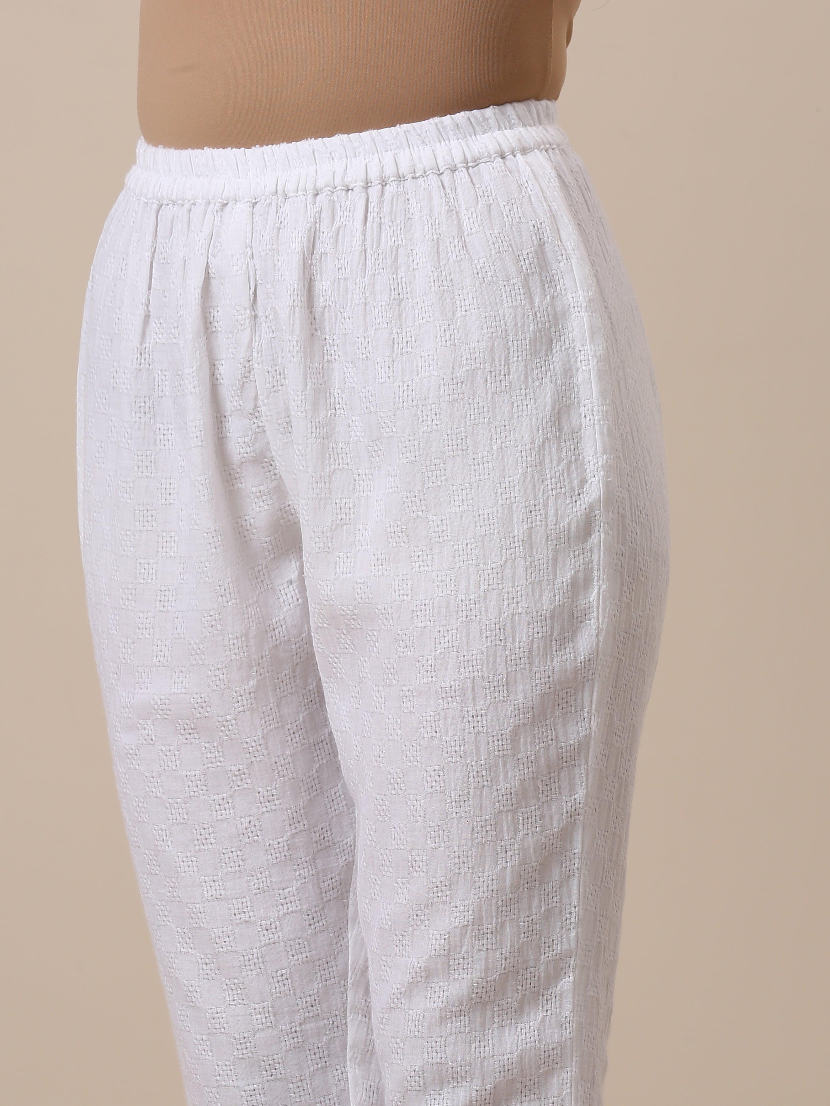 Cotton White Double Hem Embroidered Kurta Pant Set - trueBrowns