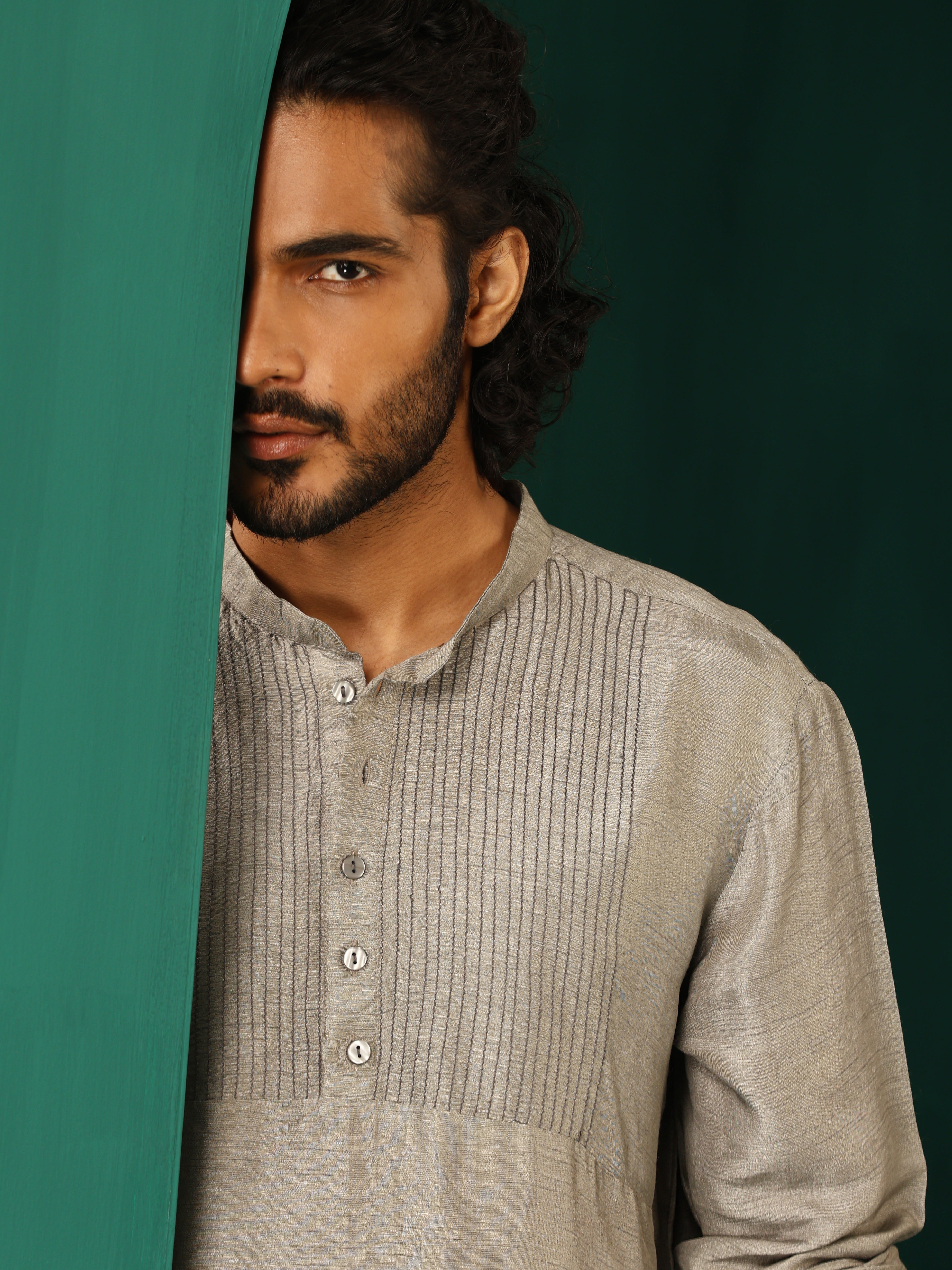 trueBrowns Men Grey Silk Co-ord Set Yoke Detail