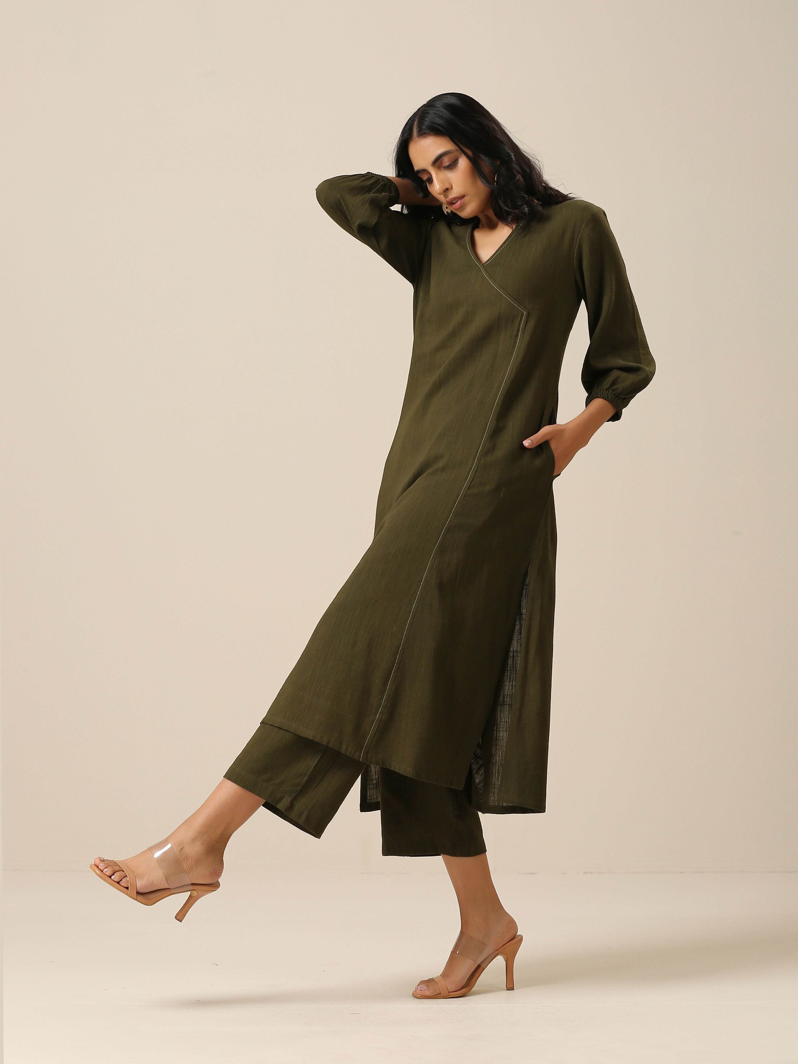 Olive Green Slub Texture Kurta Pant Set