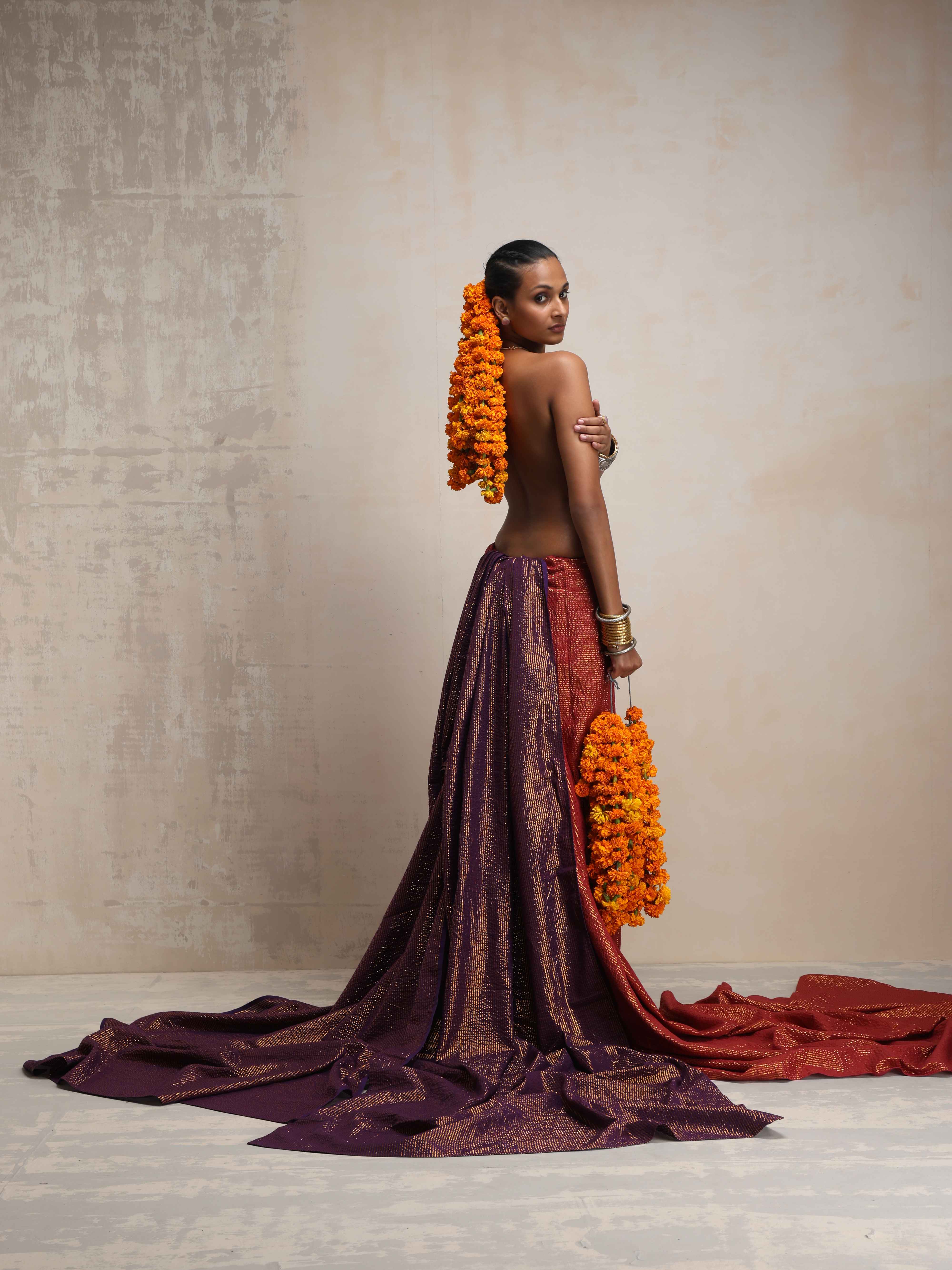 trueBrowns Maroon Gold Lurex Ready To Wear Saree