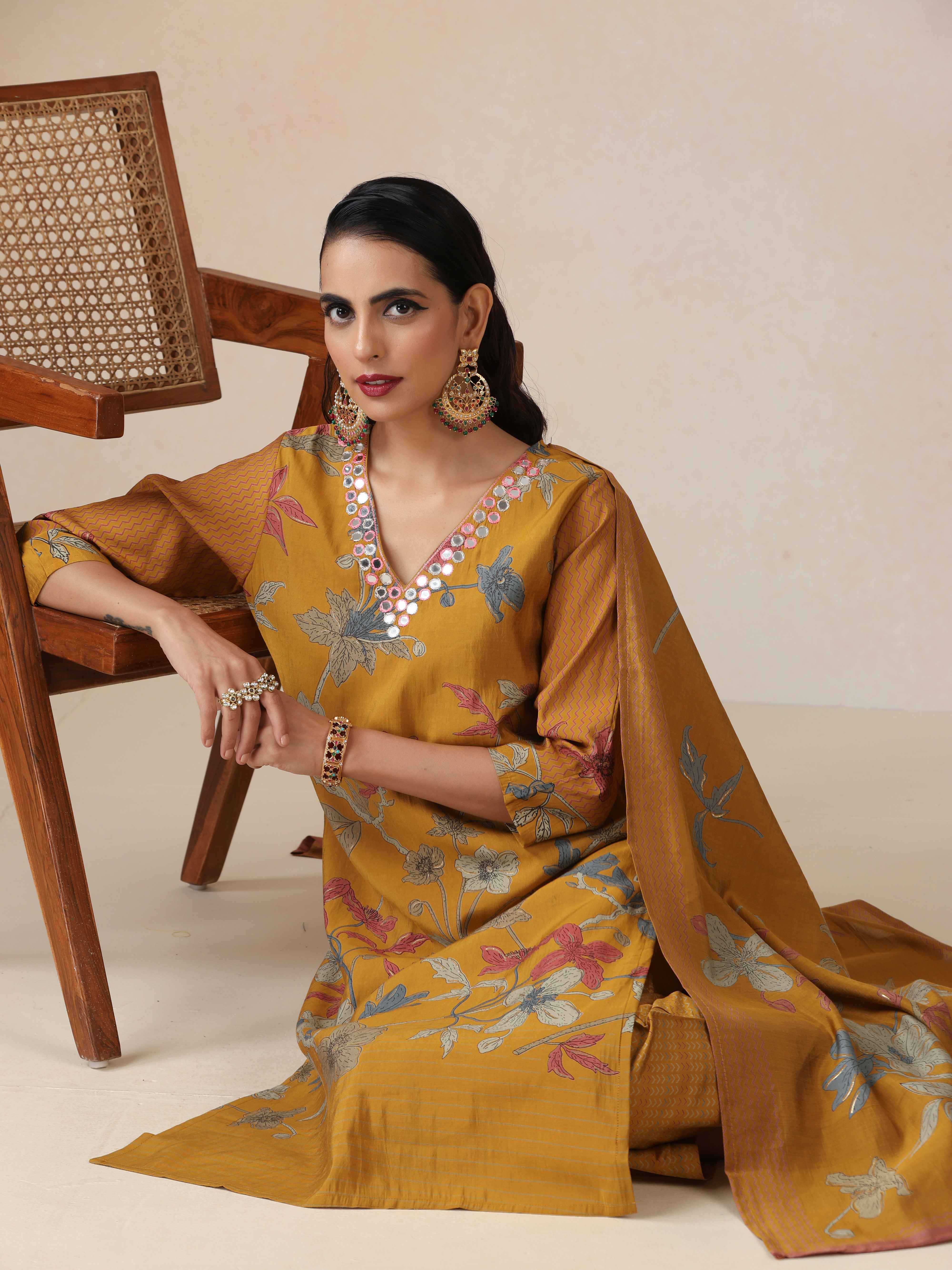 trueBrowns Yellow Embroidered Straight Kurta 3pc Set