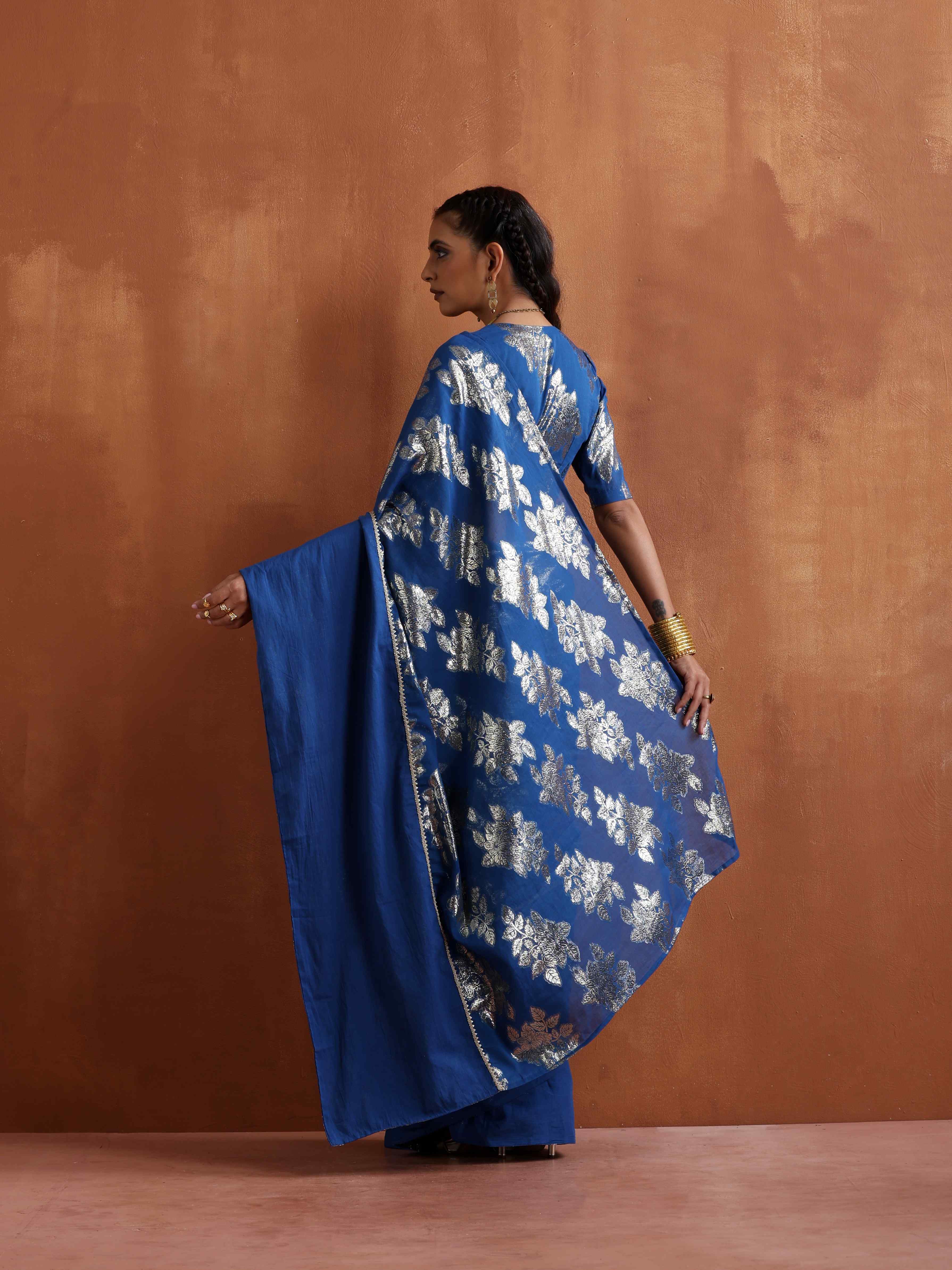 trueBrowns Blue Metallic Saree