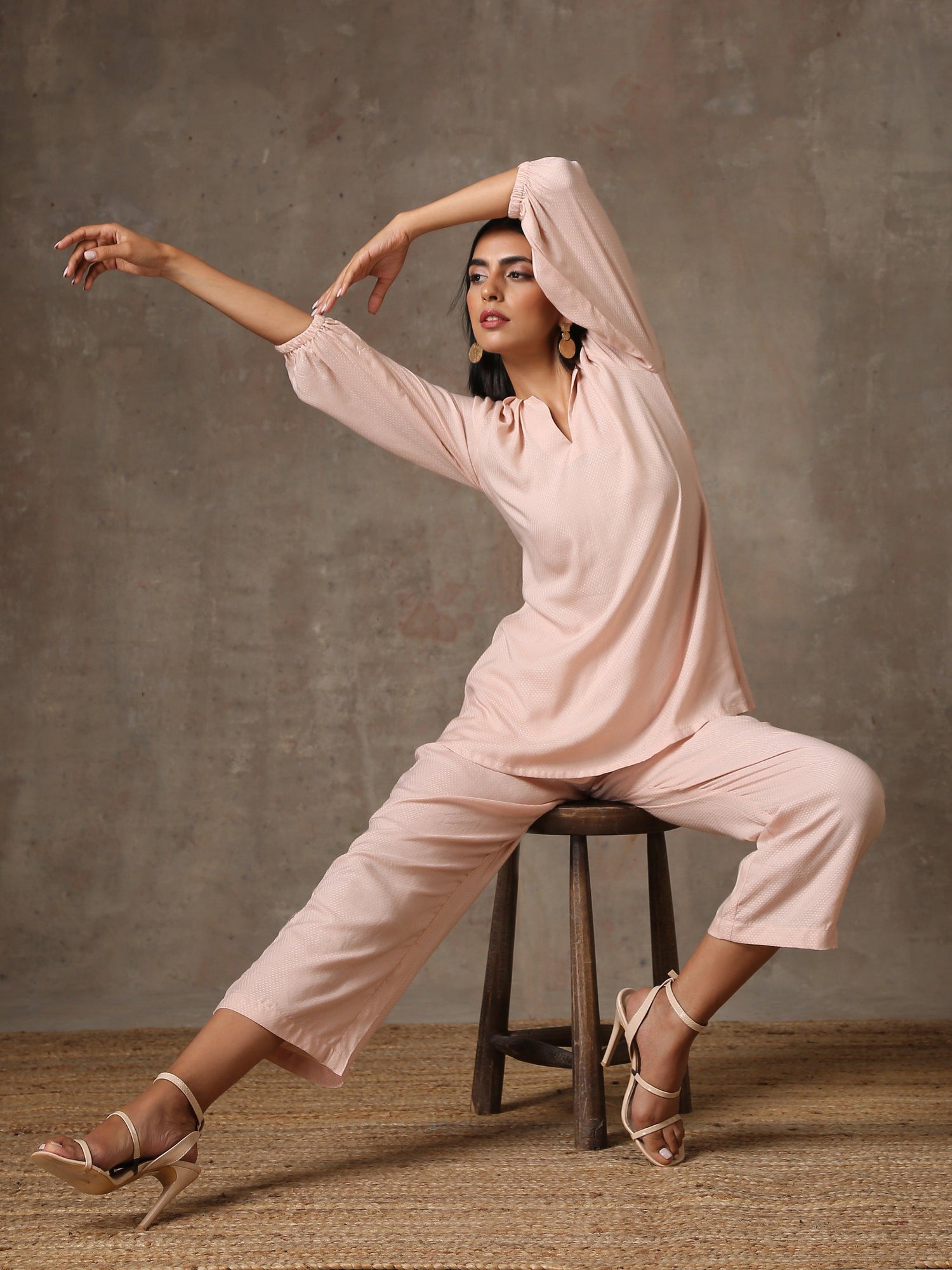 The Edwina - Rose Pink Solid Textured Co-Ord Set - trueBrowns