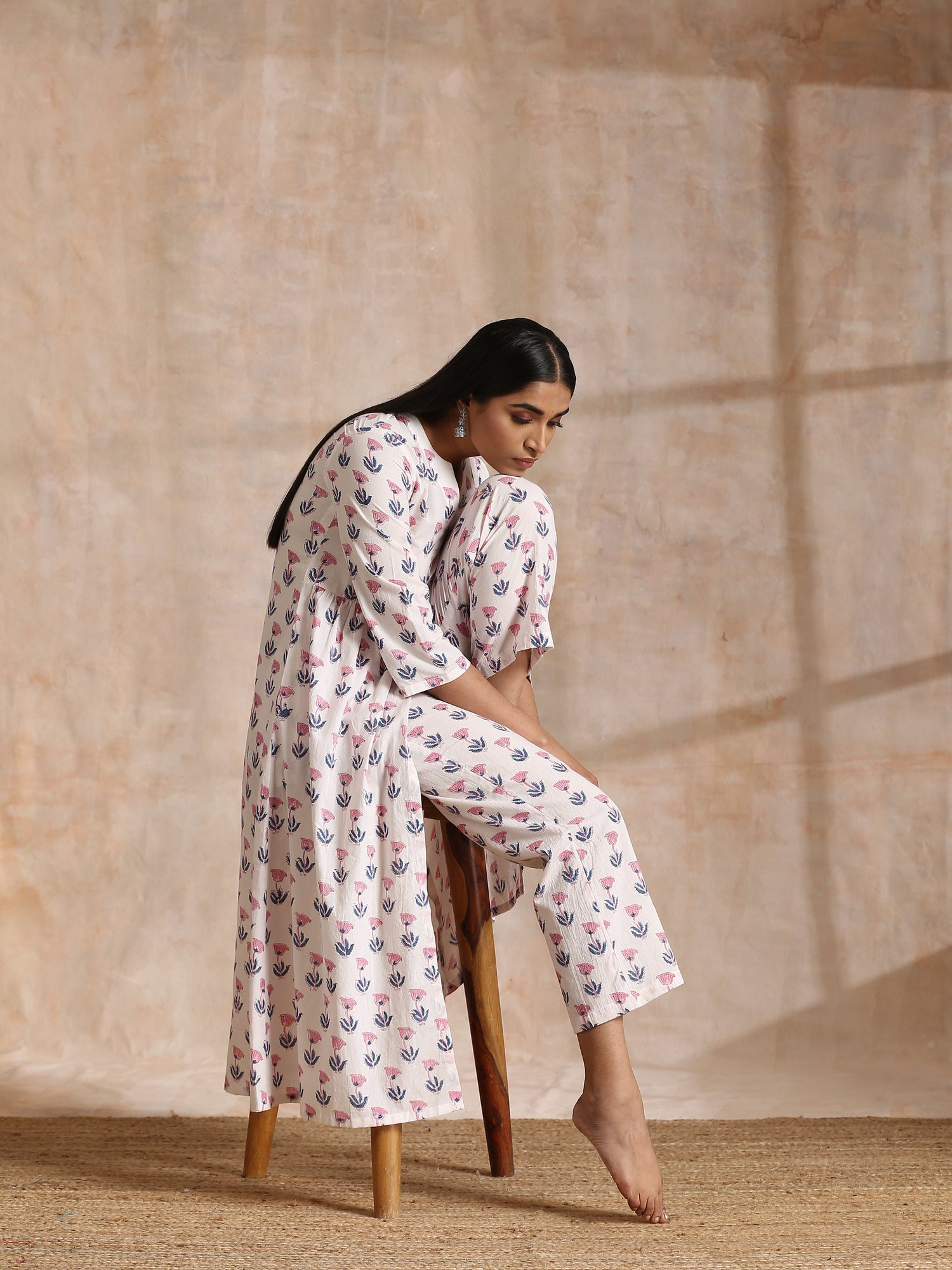 White With Pink Blue Buta Block Print Cotton Kurta Pant Set