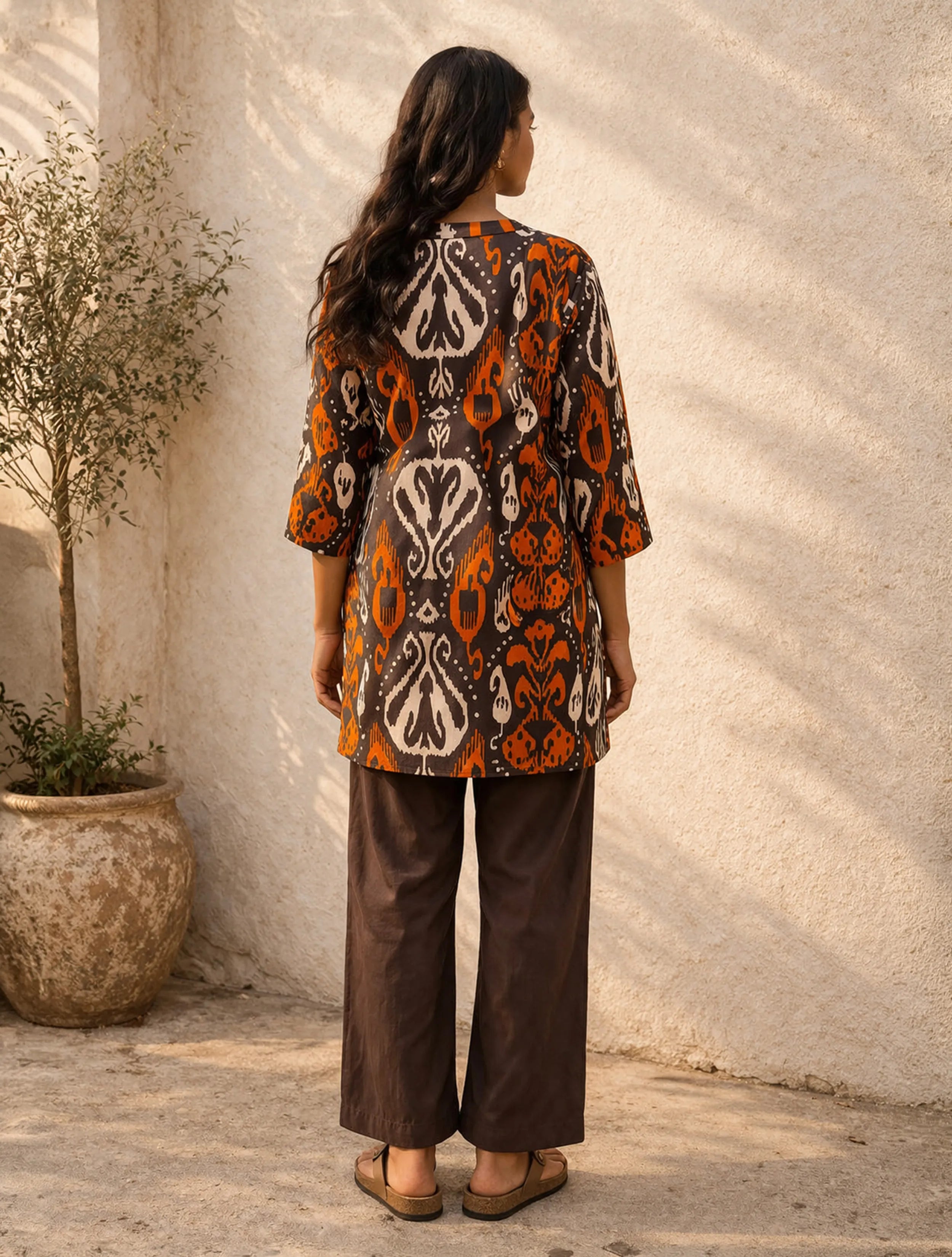 trueBrowns Cola Orange Ikat Print Cotton Co-Ord Set