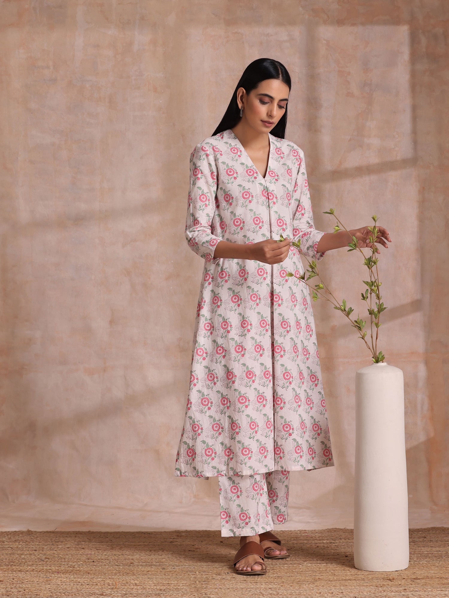Pink Green Buta On White Block Print Cotton Slit Kurta Pant Set