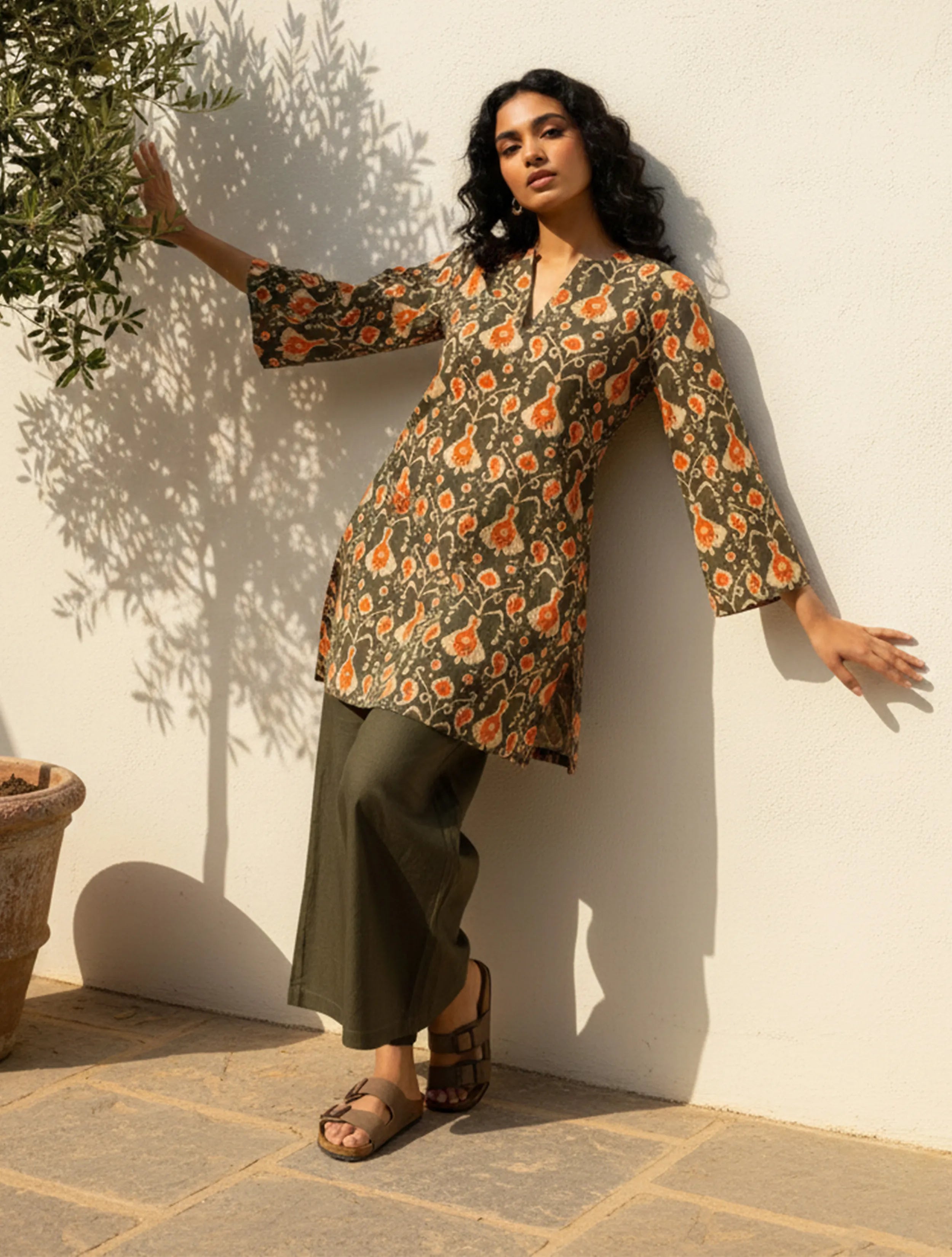 trueBrowns Grey Orange Ikat Print Cotton Co-Ord Set
