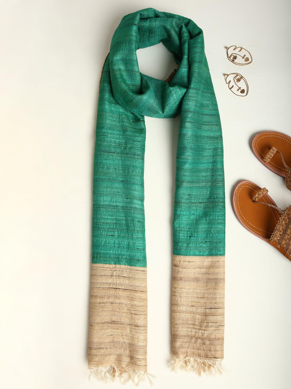 Green Handwoven Pure Tussar and Ghicha Silk Stole - trueBrowns