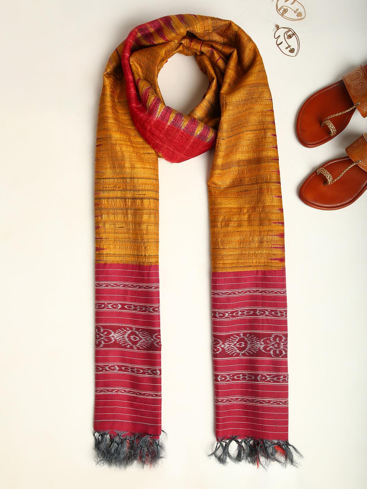 Mustard Yellow Handwoven Pure Tussar and Ghicha Silk Stole - trueBrowns