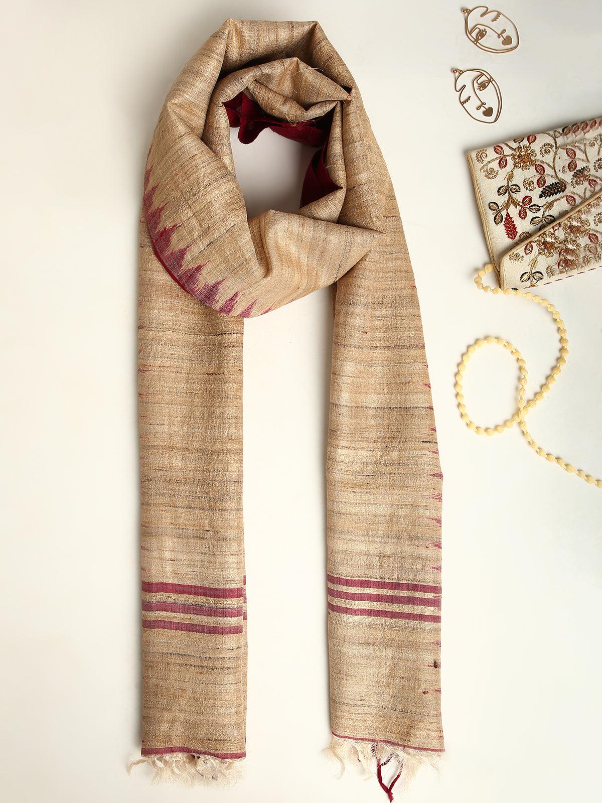 Maroon Handwoven Pure Tussar and Ghicha Silk Stole - trueBrowns