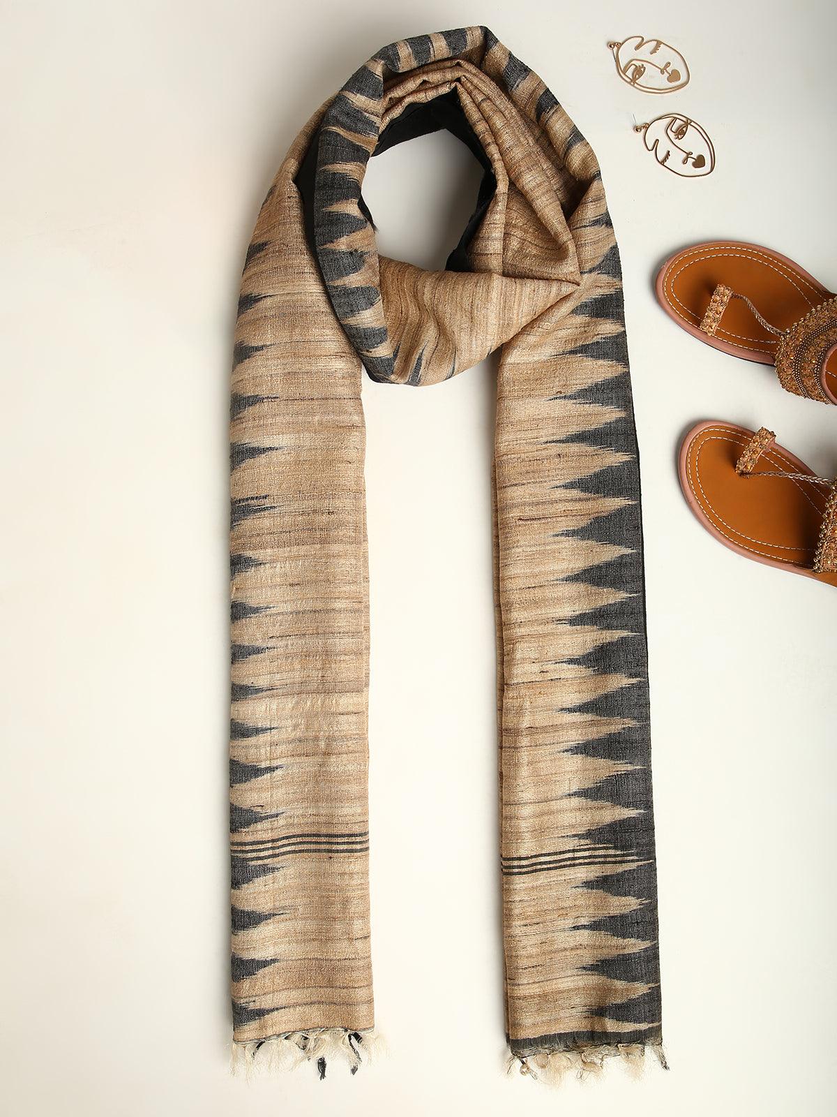 Black Handwoven Pure Tussar and Ghicha Silk Stole - trueBrowns