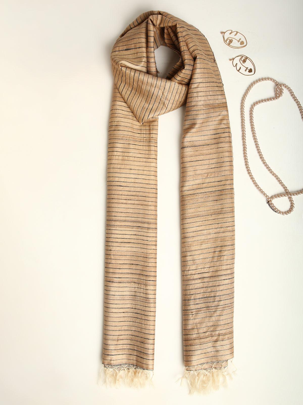 Striped Handwoven Pure Tussar Silk Stole - trueBrowns