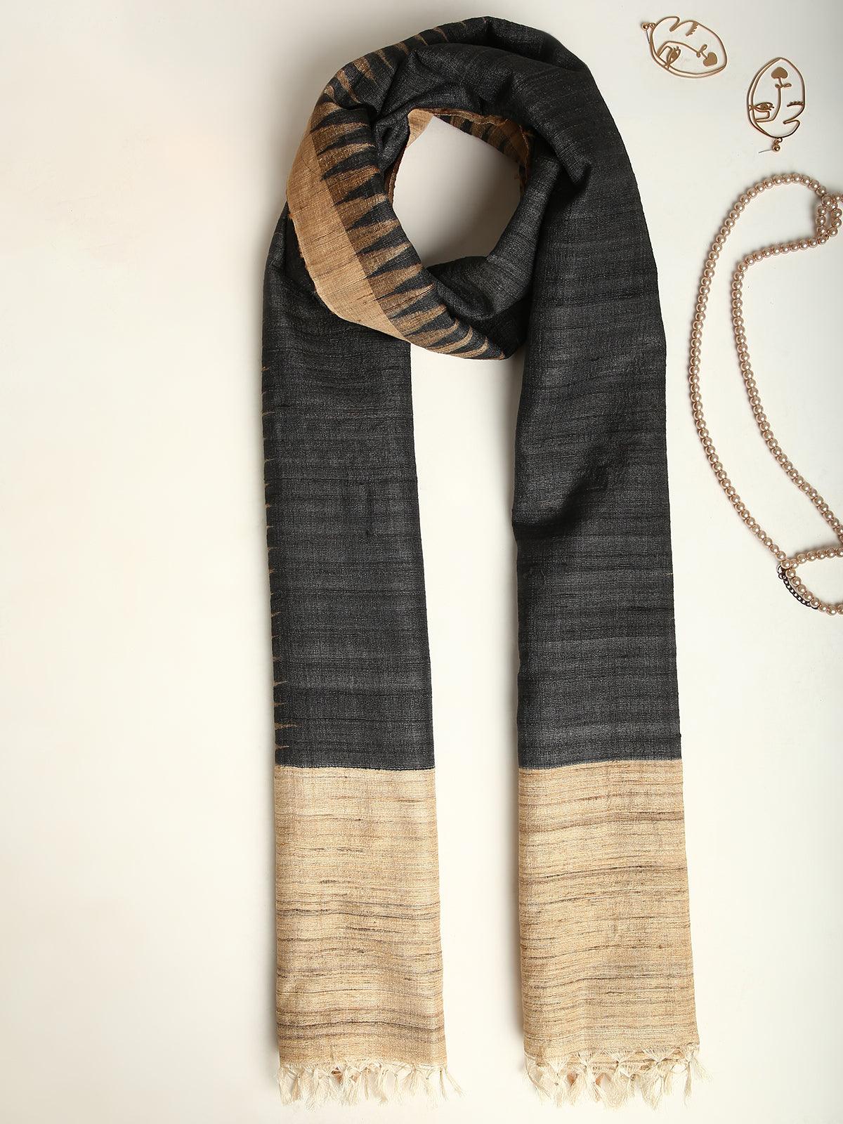 Black Handwoven Pure Tussar and Ghicha Silk Stole - trueBrowns