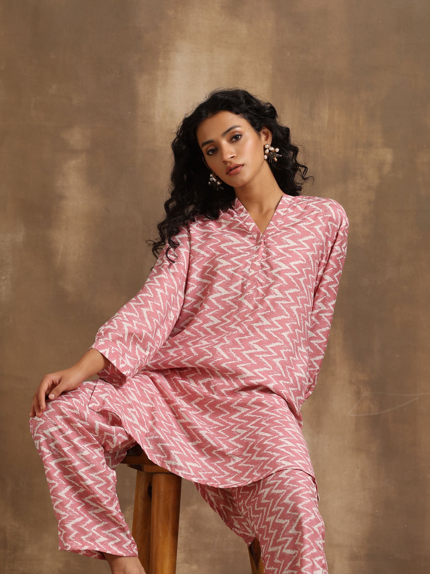 Light Mauve Zig-Zag Printed Silk Co-Ord Set