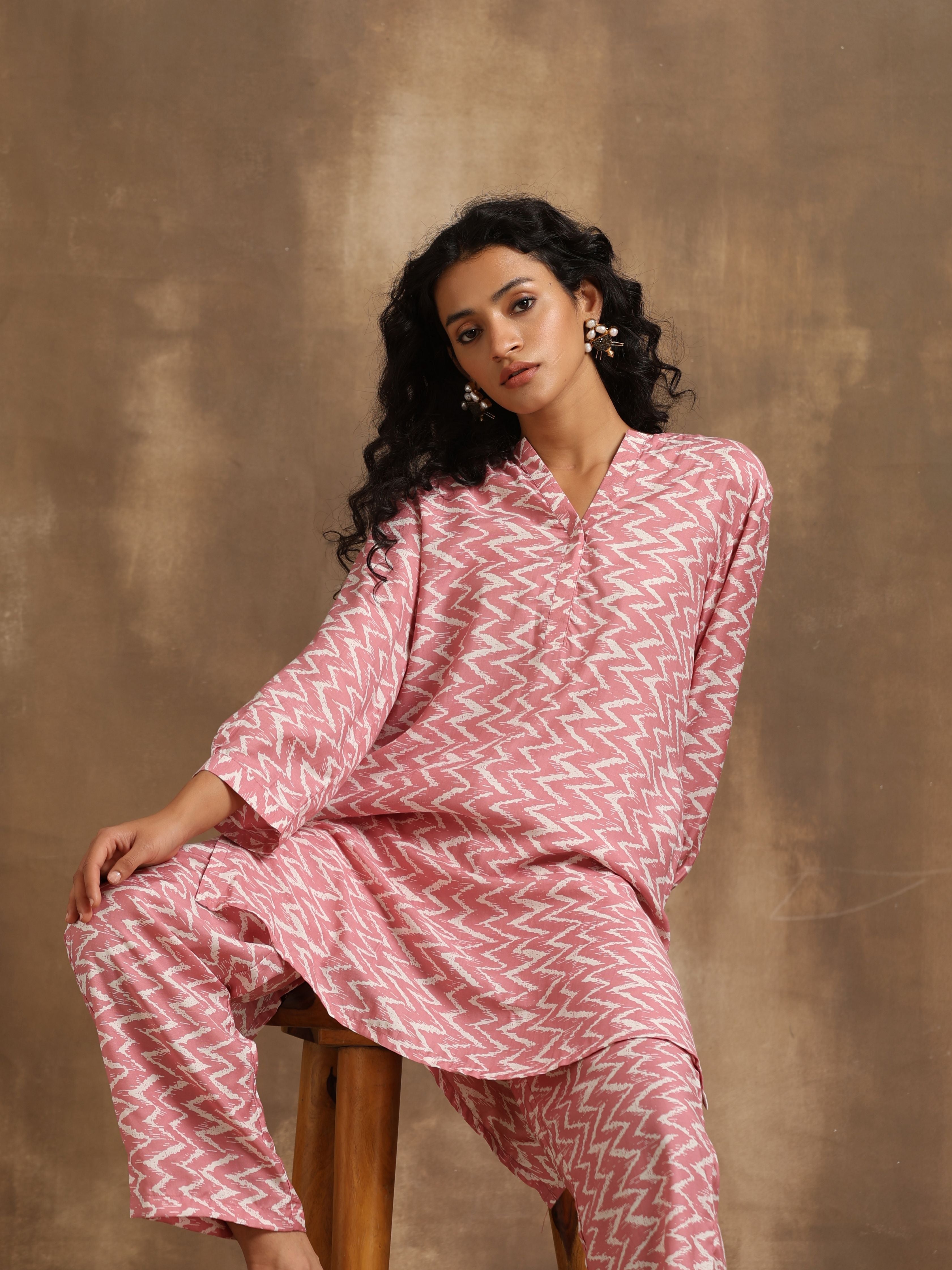 Light Mauve Zig-Zag Printed Silk Co-Ord Set