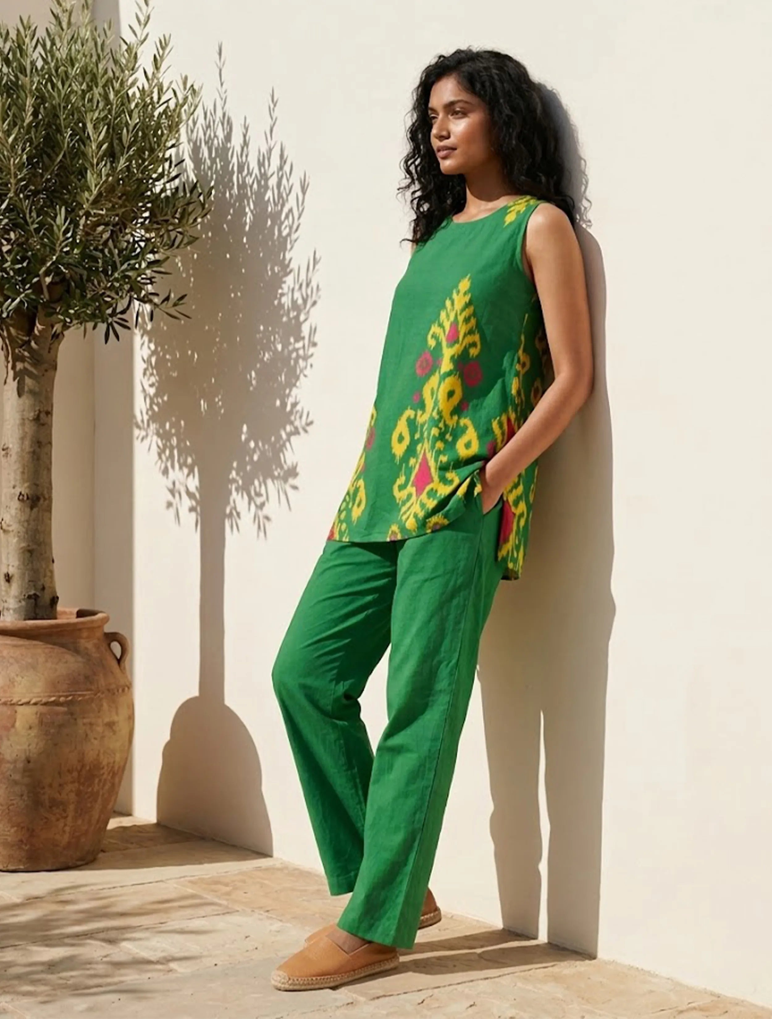 trueBrowns Green Ikat Print Cotton Sleeveless Co-Ord Set