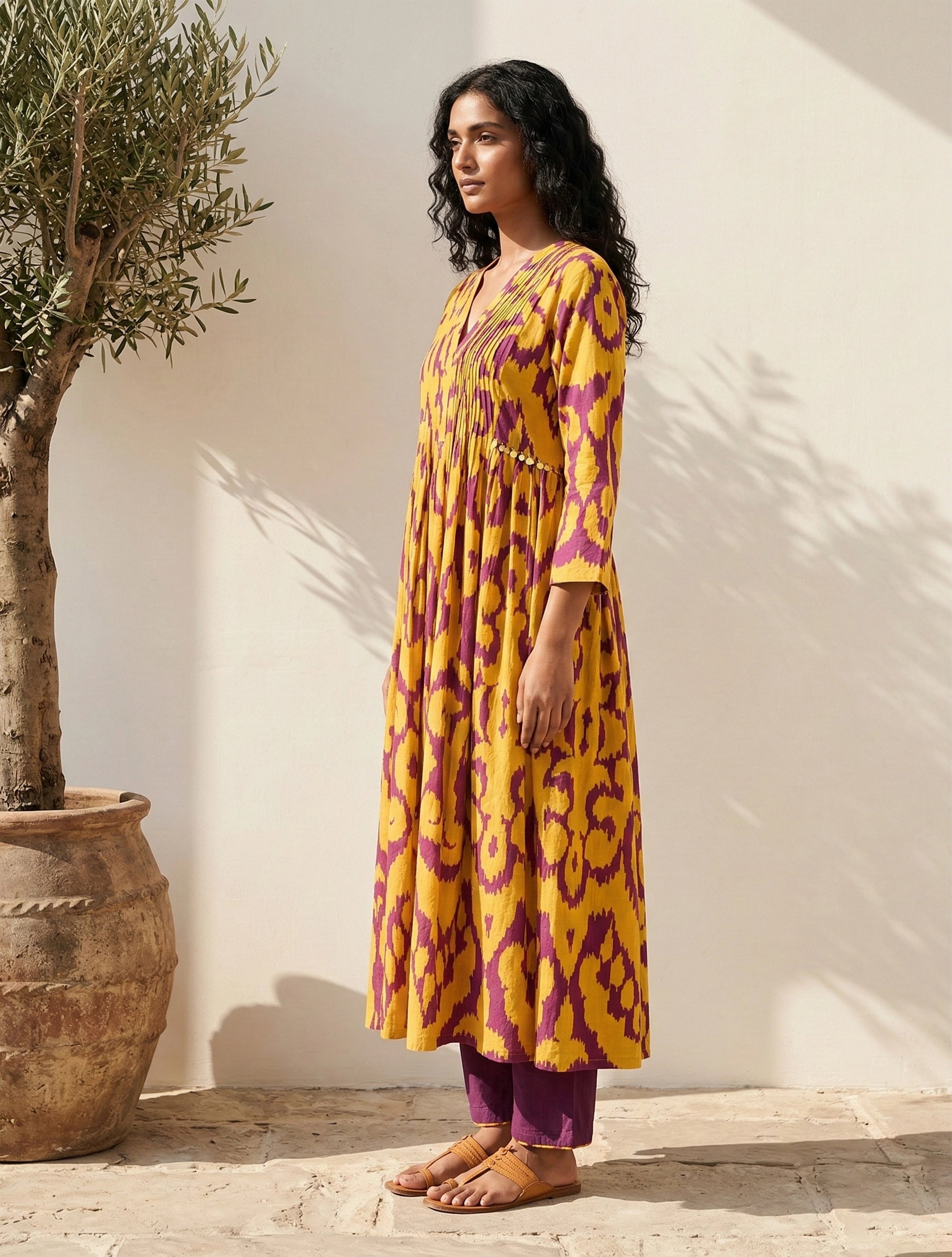 trueBrowns Yellow Purple  Ikat Print Cotton Flared Kurta Set