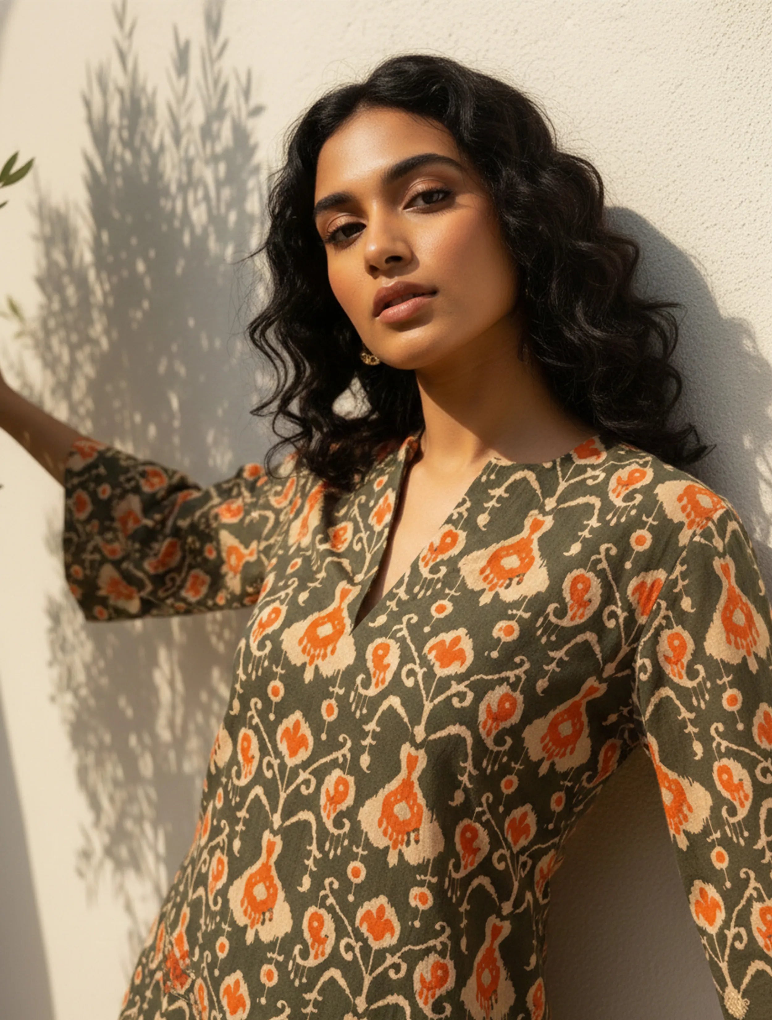 trueBrowns Grey Orange Ikat Print Cotton Co-Ord Set
