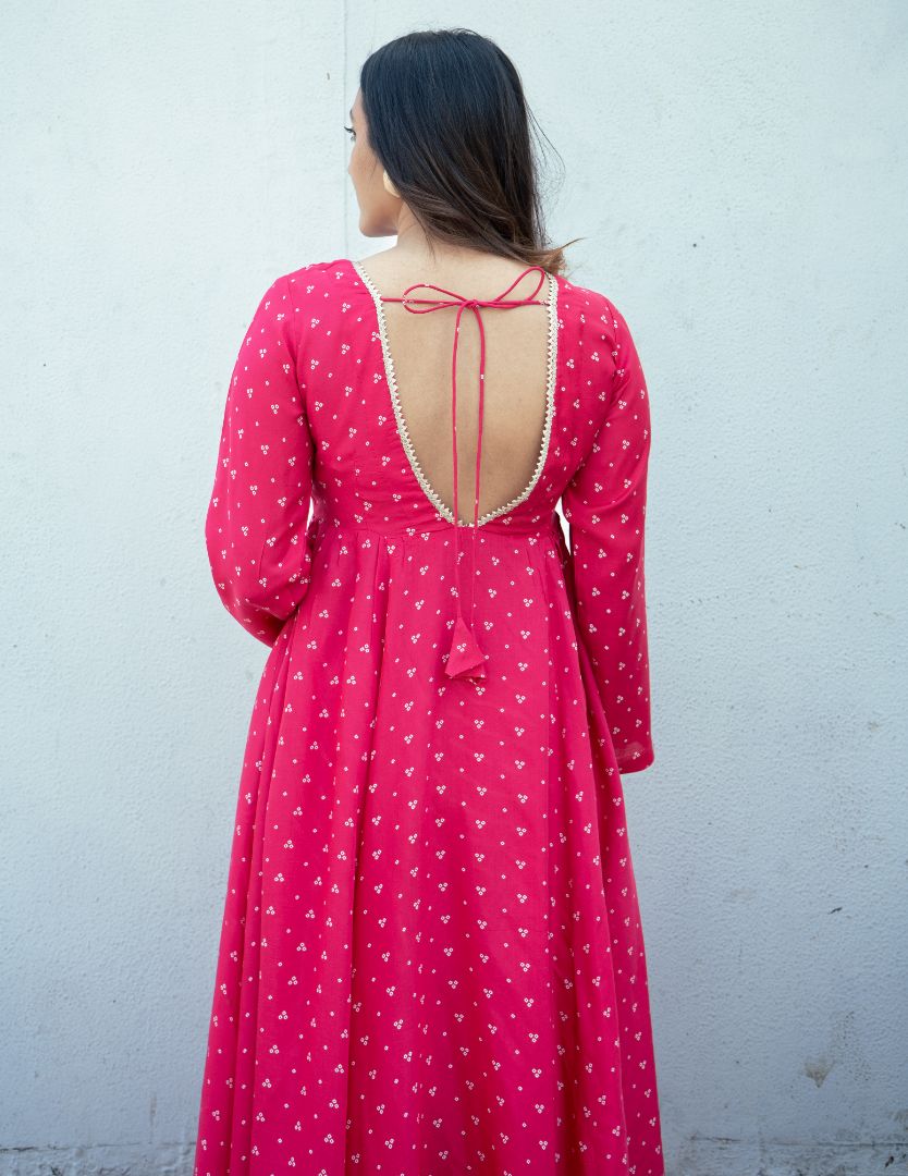Pink Bandhani Printed Silk Anarkali Kurta Pant Dupatta Set