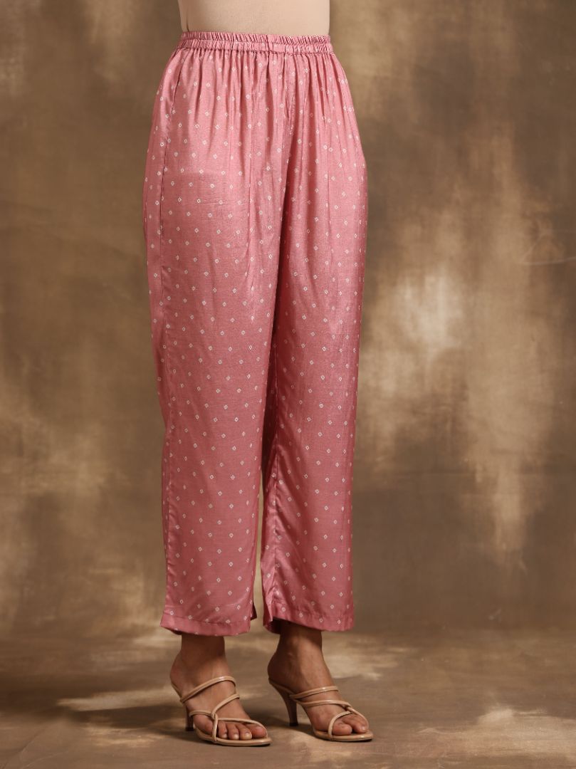 Light Mauve Bandhani Printed Silk Angrakha Kurta Pant Set
