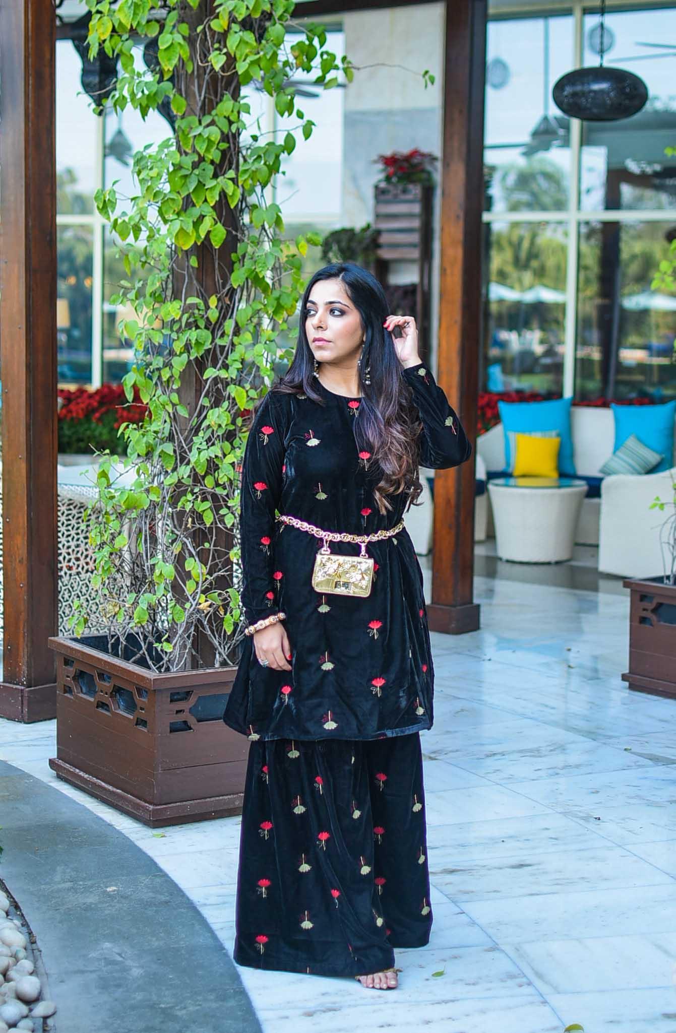 Black Velvet Embroidered Kurta Sharara Set - trueBrowns