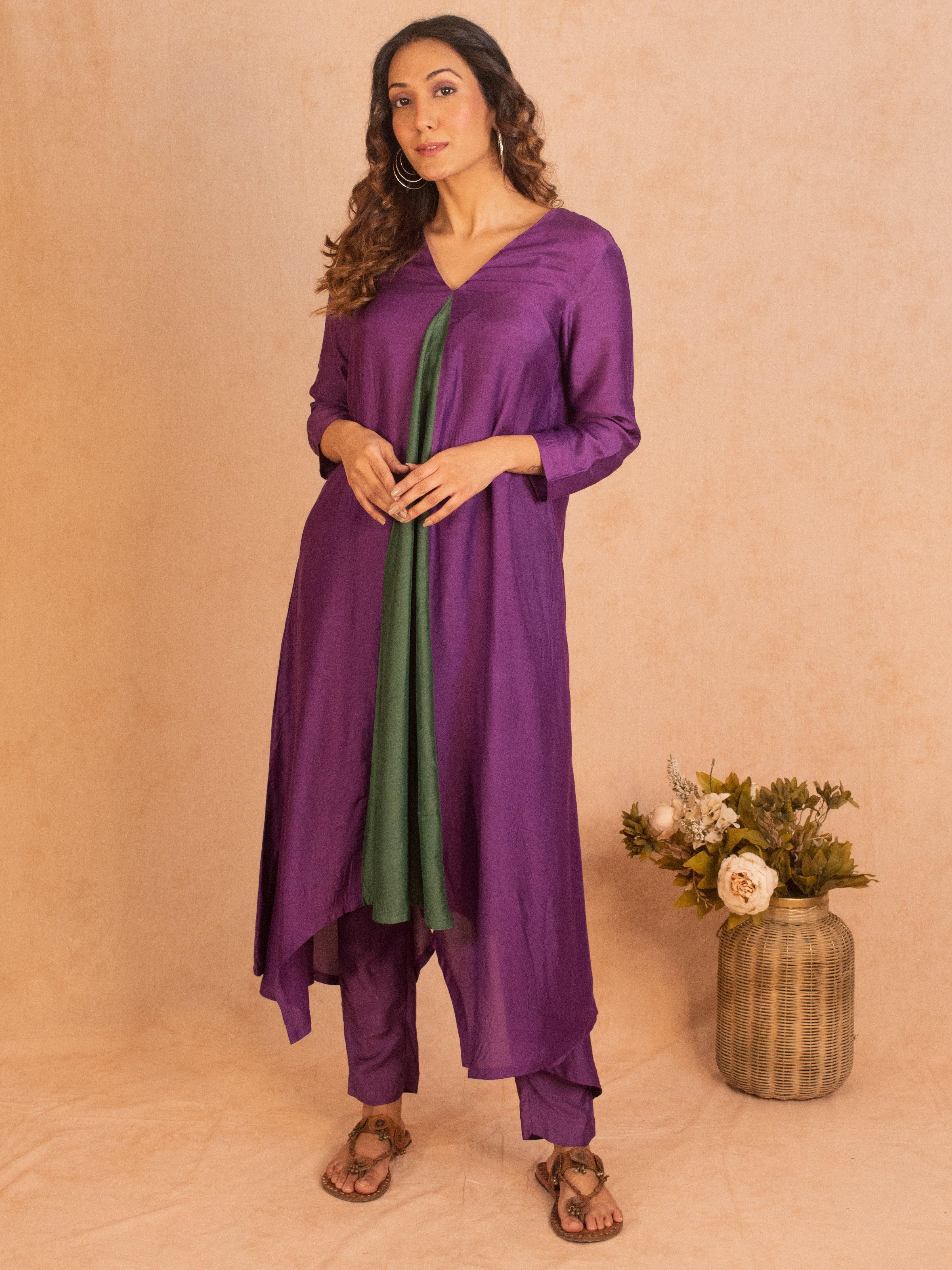 Silk Purple Flared Asymmetric Kurta Pant Set - trueBrowns