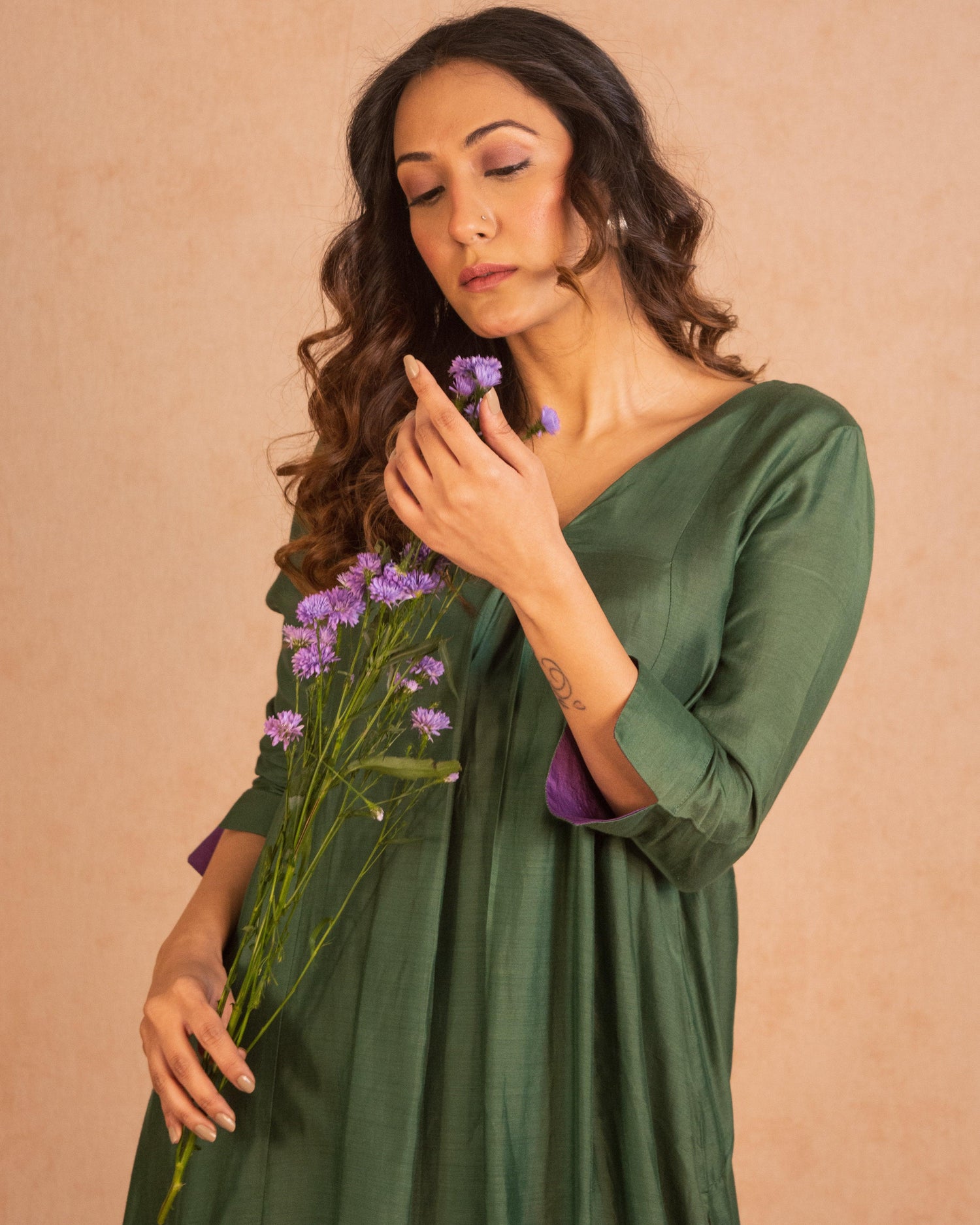 Silk Green Flared Asymmetric kurta Pant Set - trueBrowns