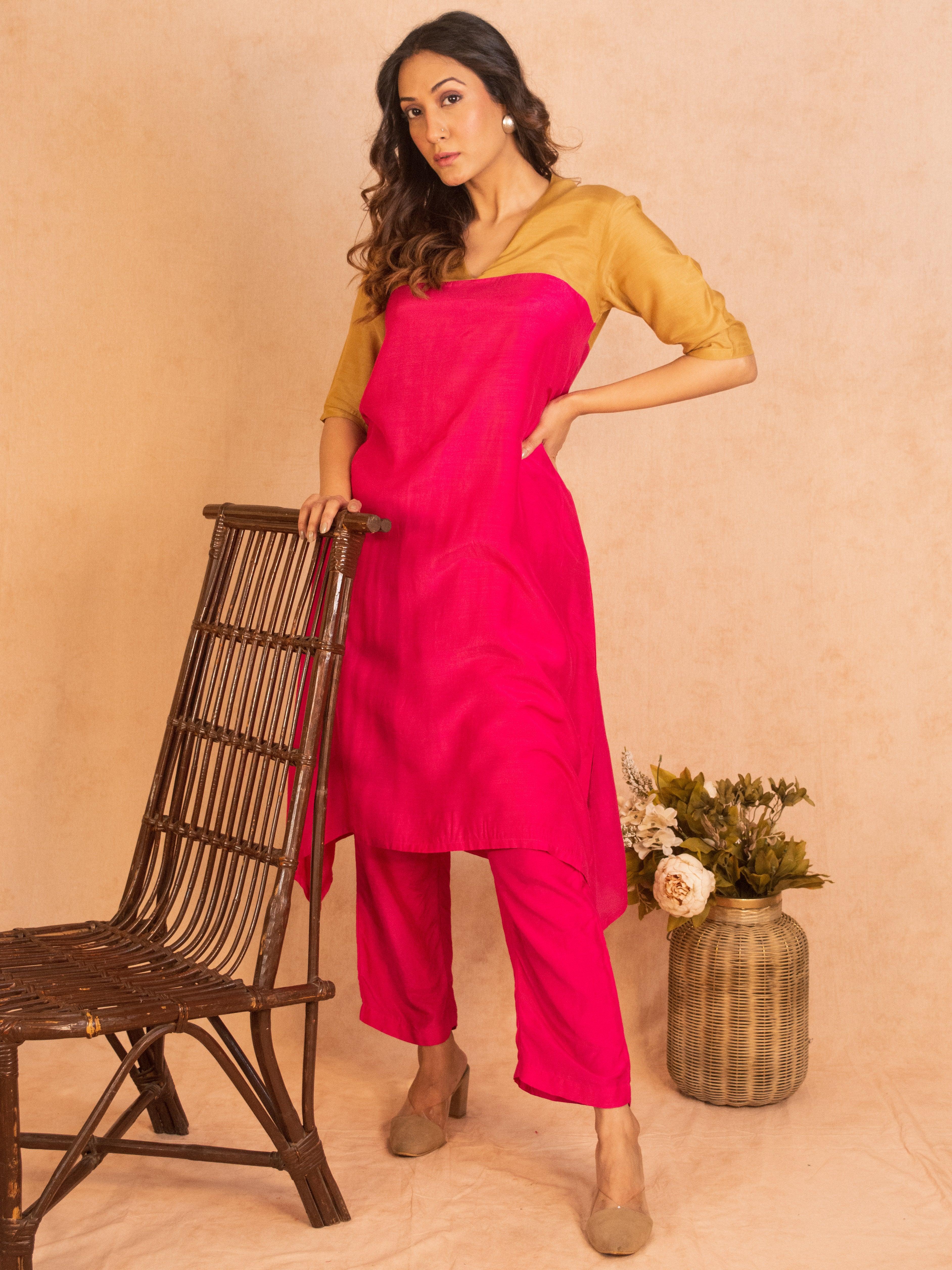 Silk Pink Flared Kurta Pant Set - trueBrowns