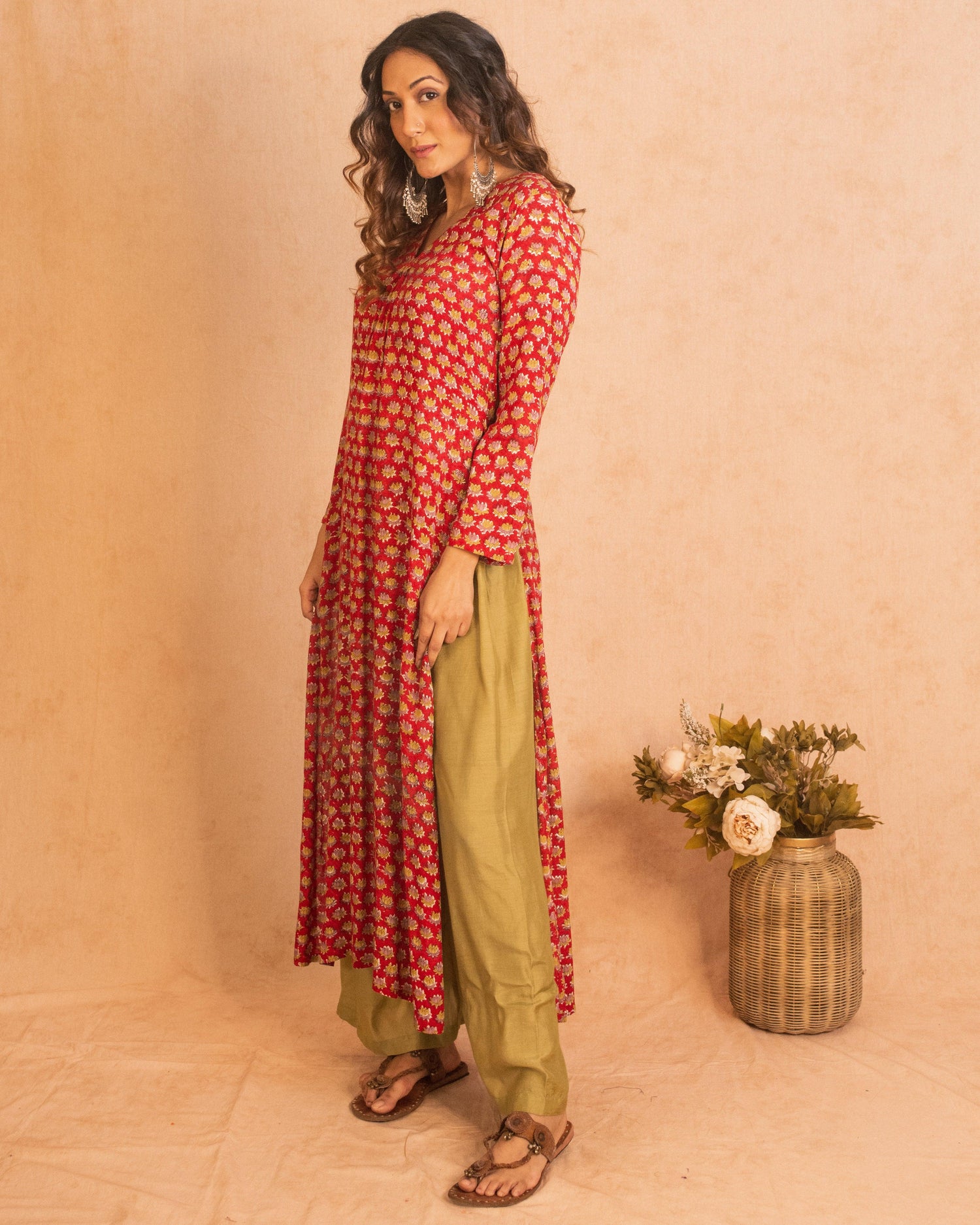 Red Hand Block Printed Slit Silk Kurta Palazzo Set - trueBrowns