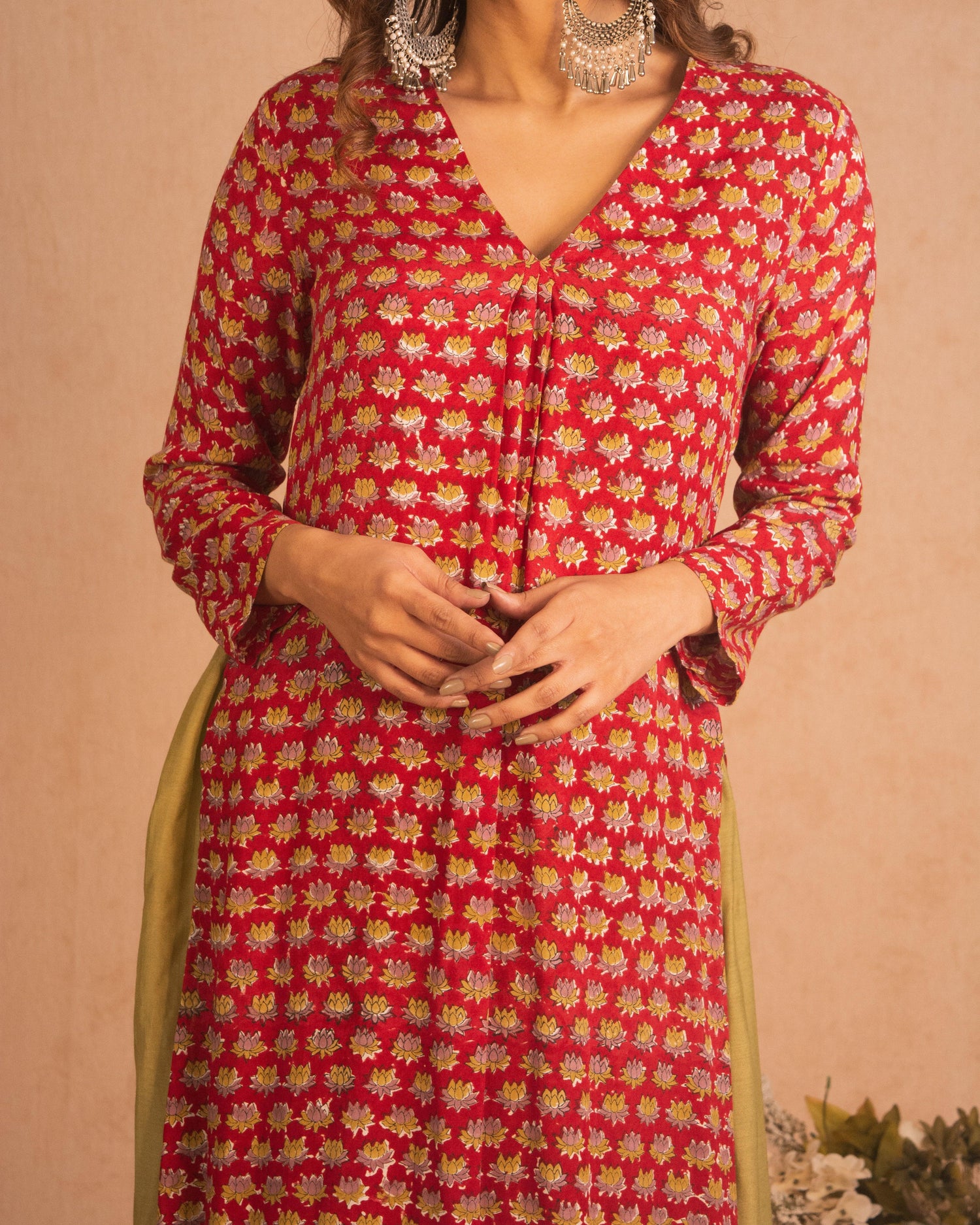 Red Hand Block Printed Slit Silk Kurta Palazzo Set - trueBrowns
