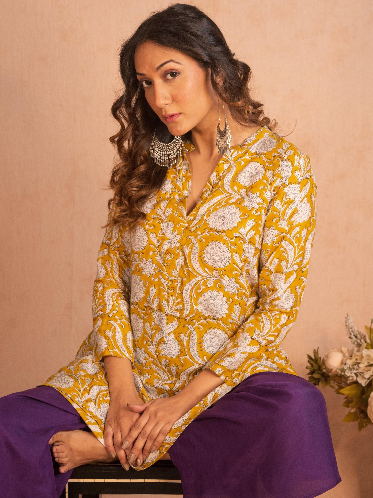 Yellow Hand Block Printed Short Silk Kurta Dhoti Pant Set - trueBrowns