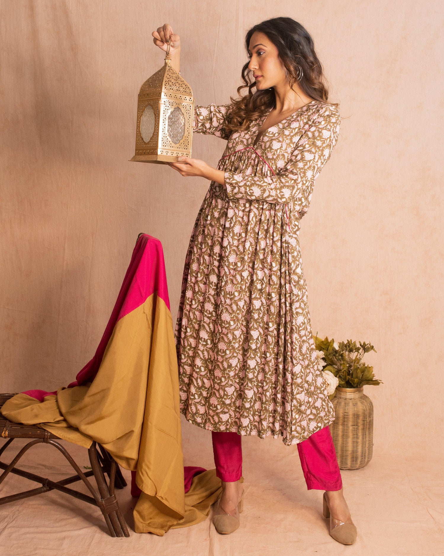 Olive Green Hand Block Printed Flared Silk Kurta Pant Dupatta Set - trueBrowns
