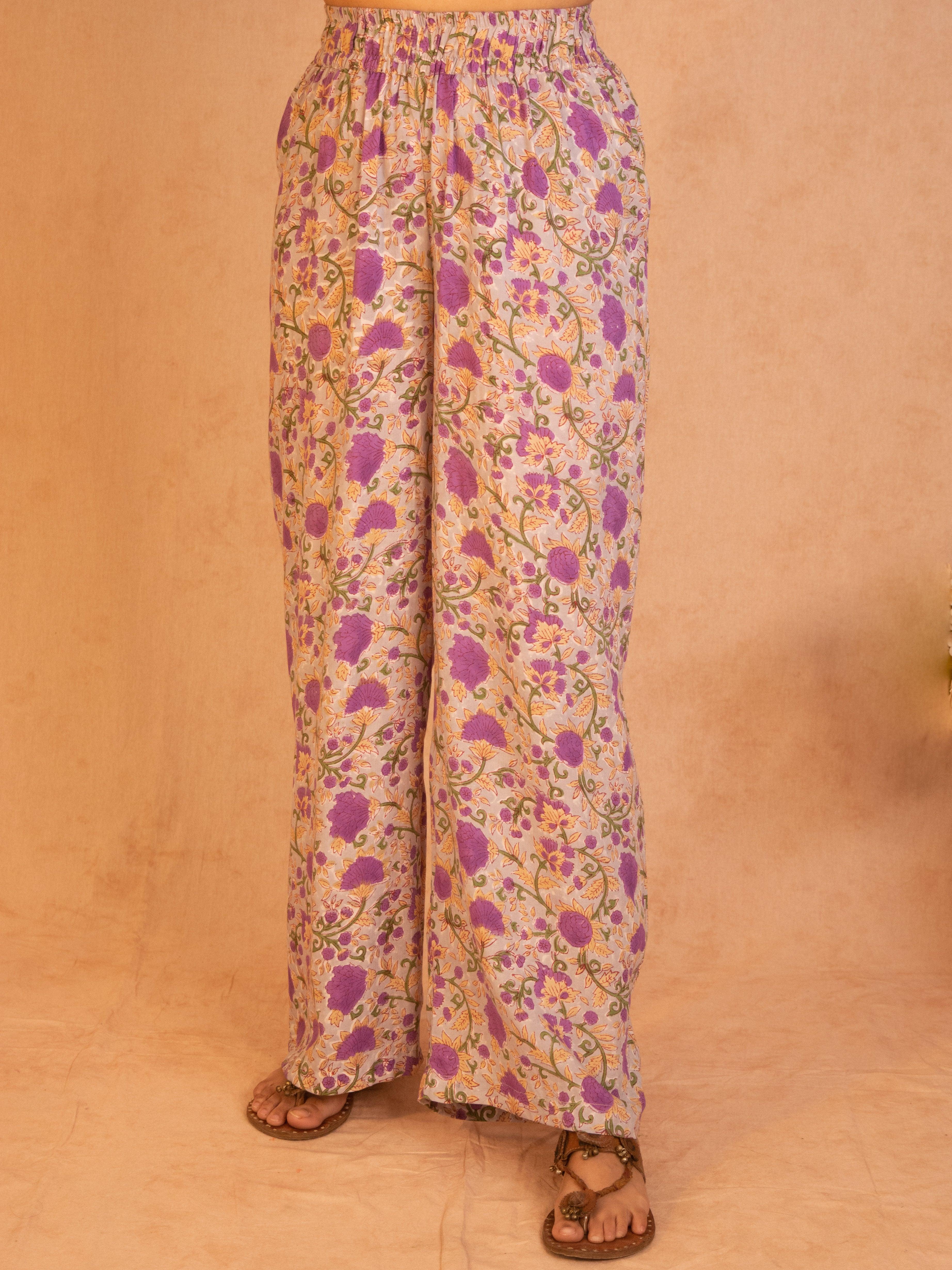 Purple Hand Block Printed High Waist Pant - trueBrowns