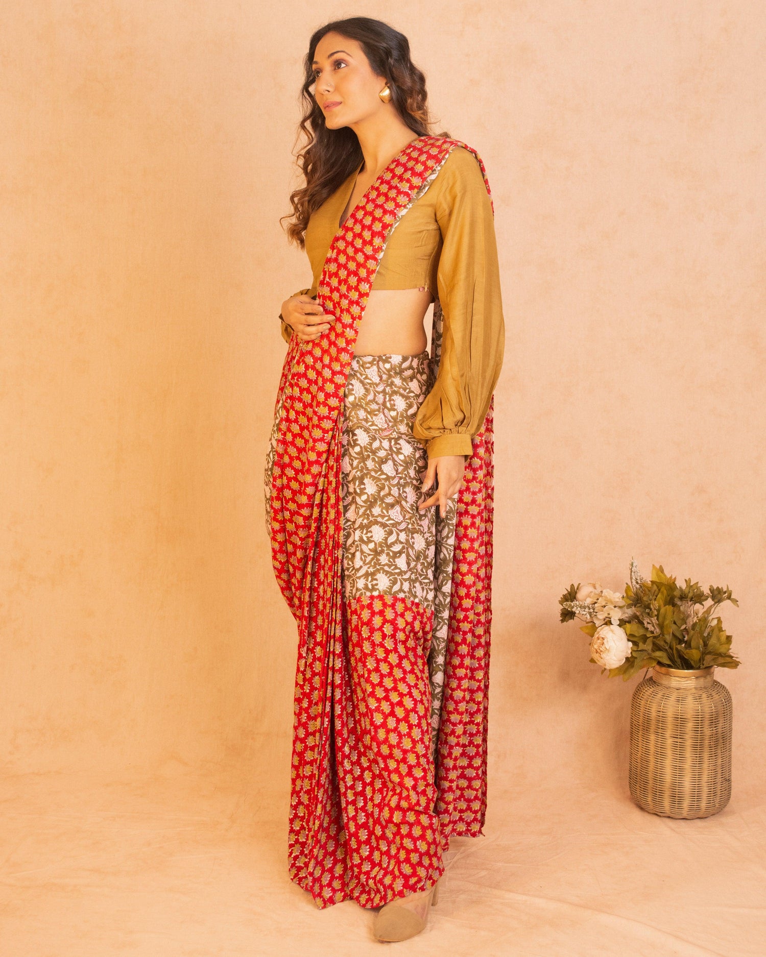 Red Olive Green Hand Block Printed Ready Pleated Silk Saree - trueBrowns