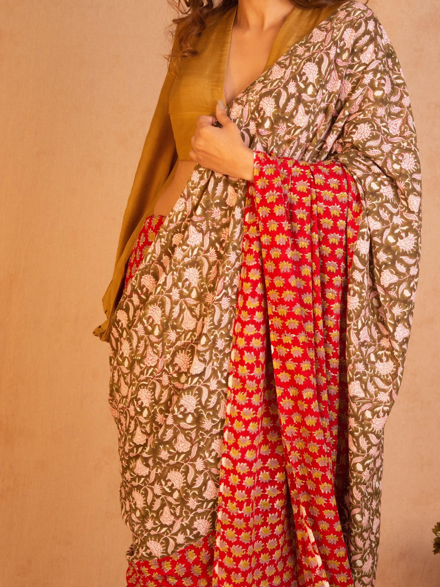 Red Olive Green Hand Block Printed Ready Pleated Silk Saree - trueBrowns