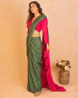 Silk Green Pink Ruffled Ready Pleated Saree - trueBrowns