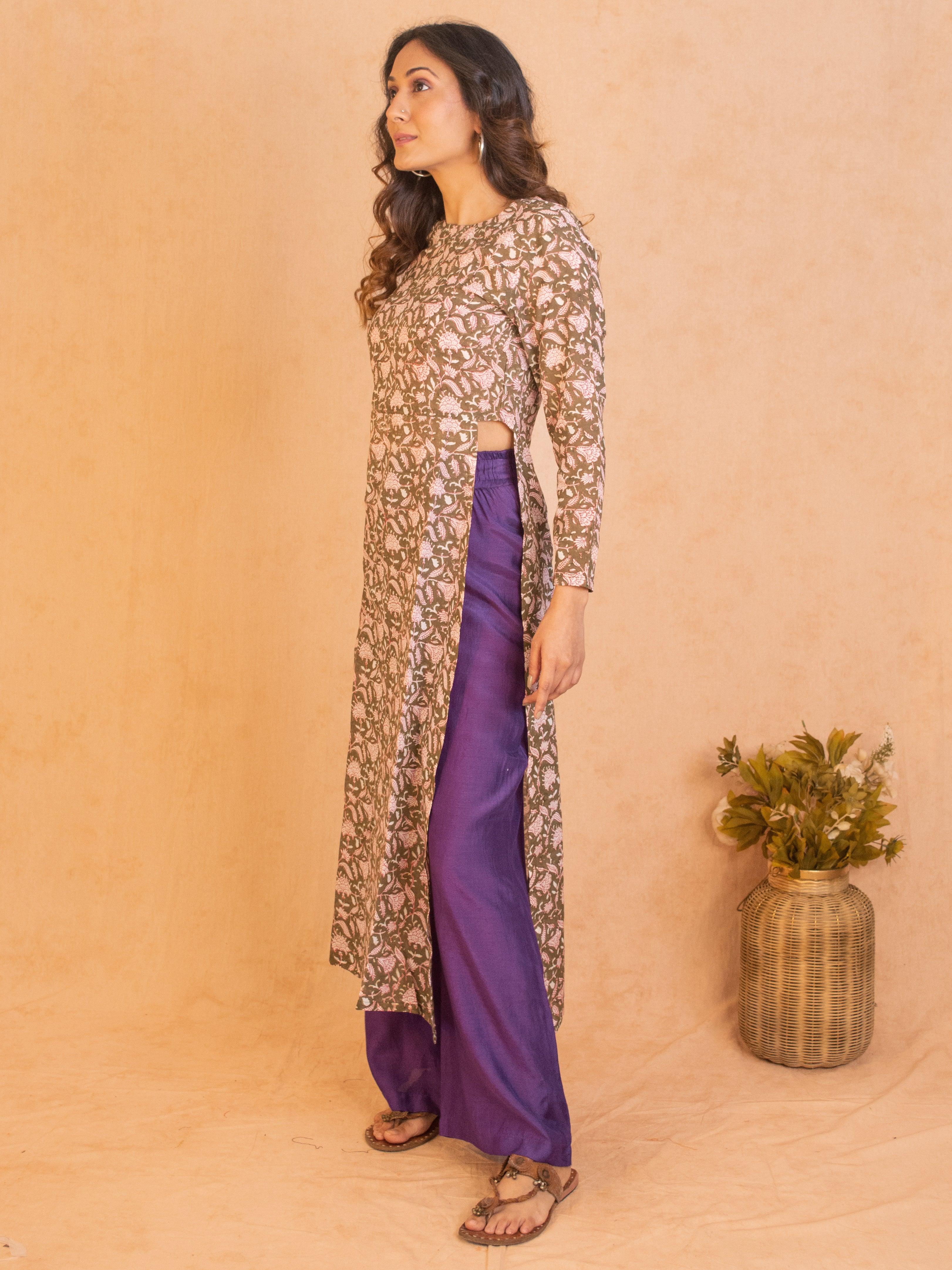 Olive Green Hand Block Printed Slit Silk Kurta Pant Set - trueBrowns