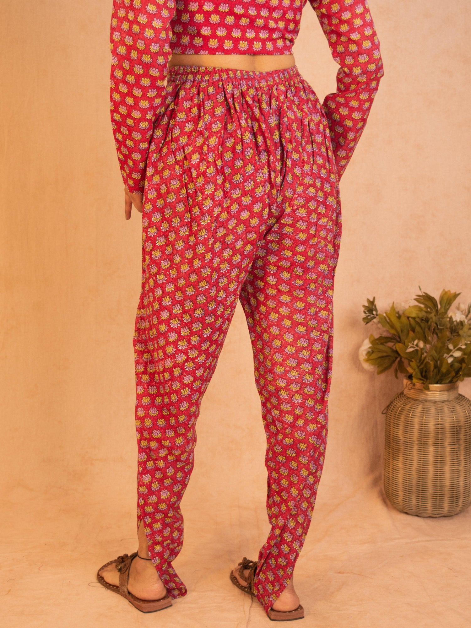 Red Hand Block Printed Silk Dhoti Pant - trueBrowns