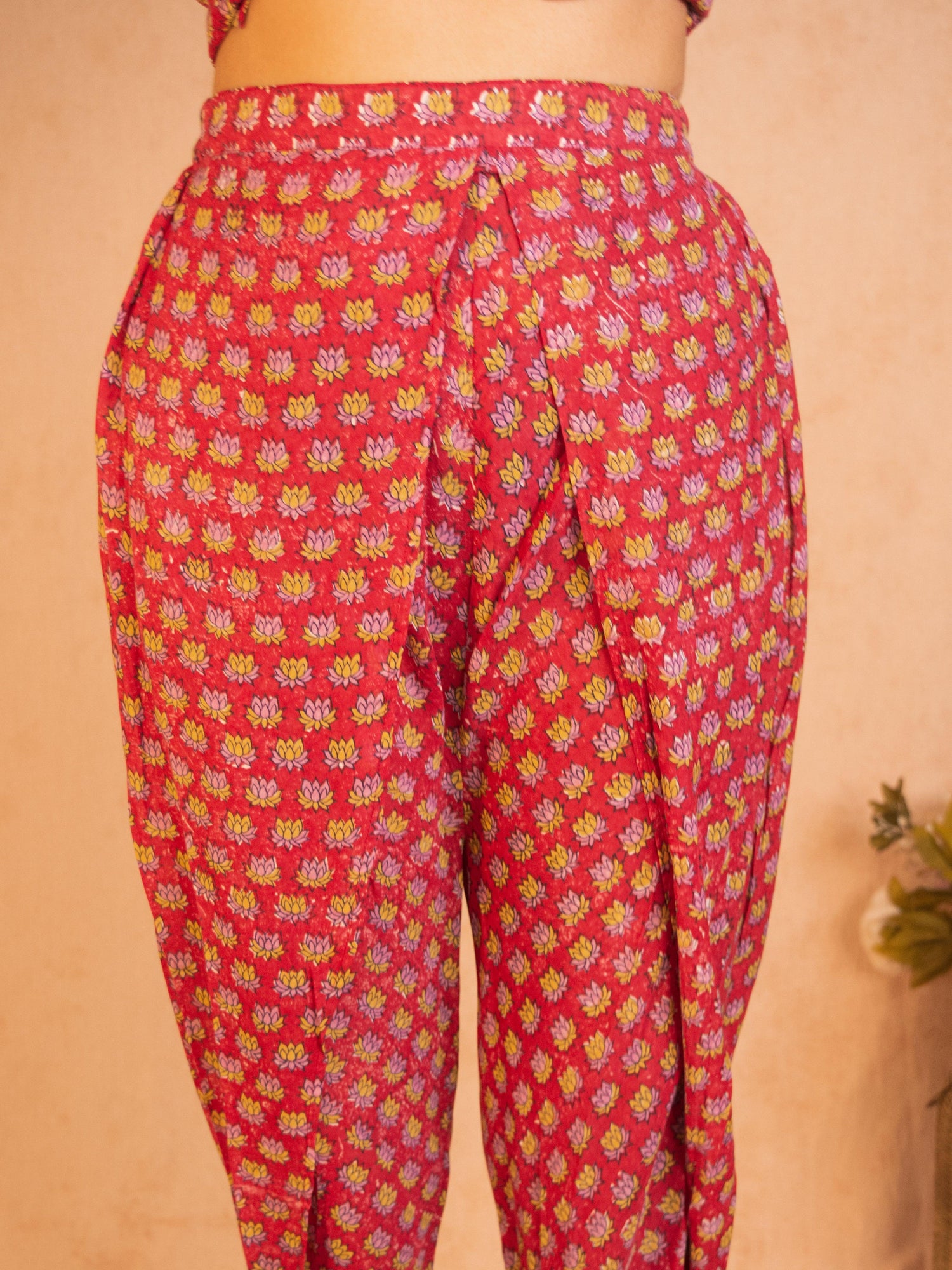 Red Hand Block Printed Silk Dhoti Pant - trueBrowns