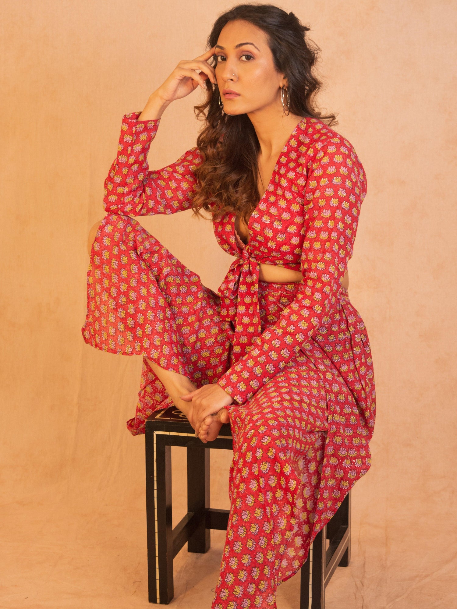 Red Hand Block Printed Tie Up Silk Blouse - trueBrowns