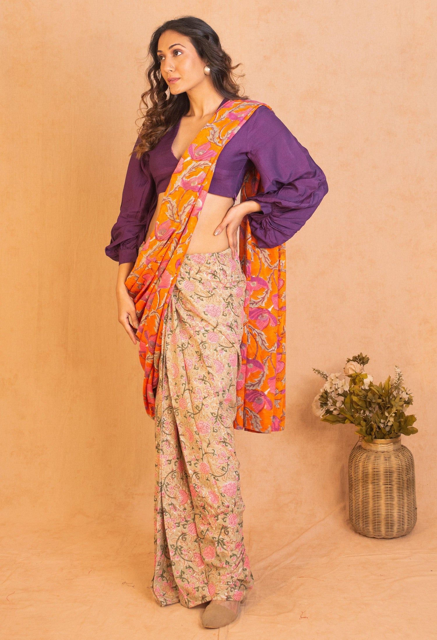 Orange Green Hand Block Printed Ready Pleated Silk Saree - trueBrowns