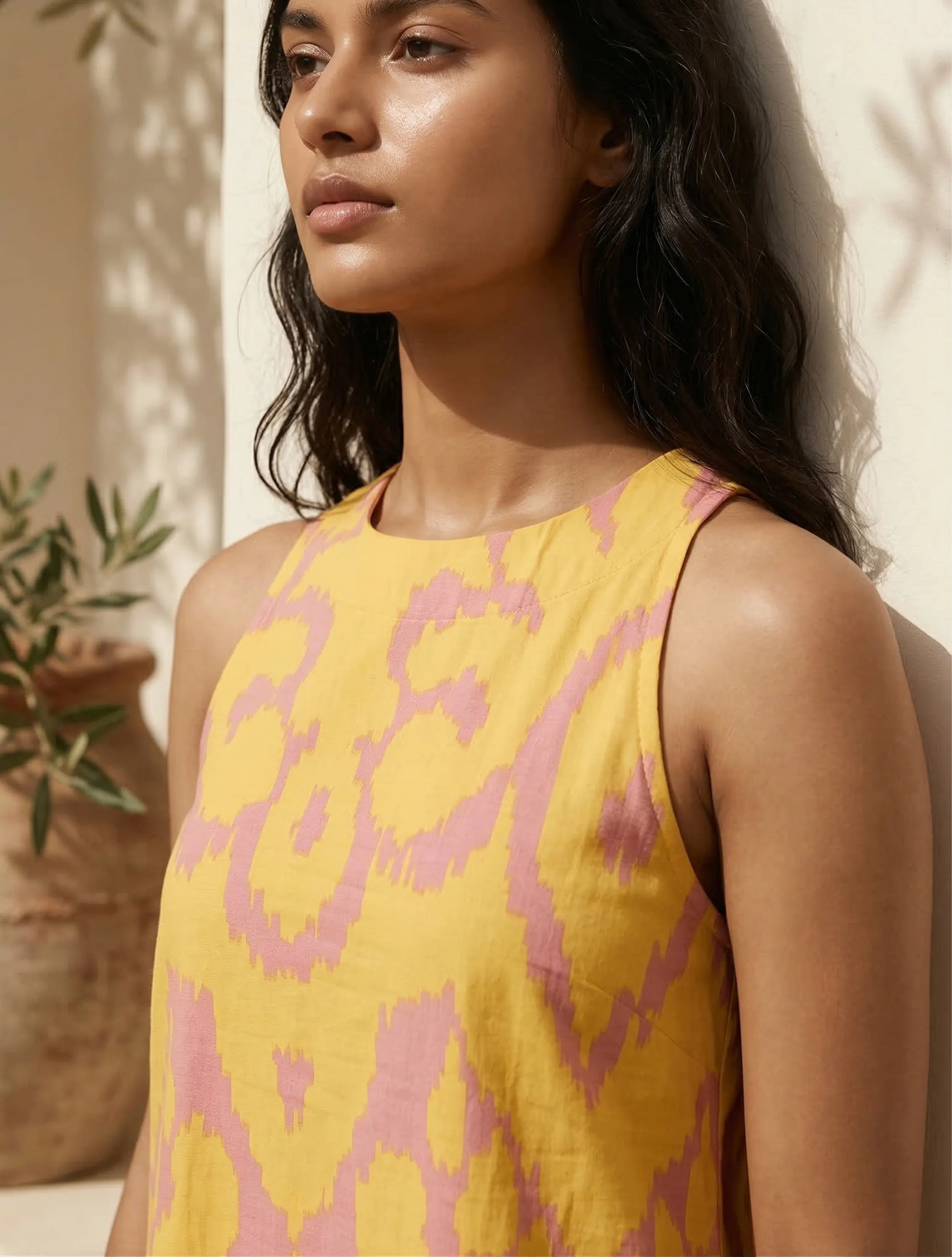 trueBrowns Yellow Peach Ikat Print Cotton Poplin Sleeveless Short Dress